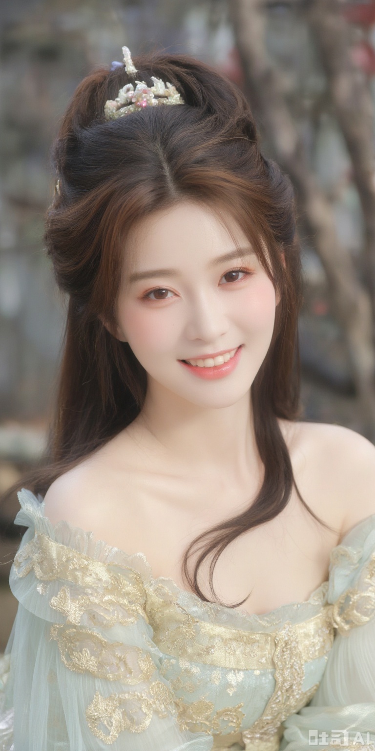 Exquisite, romantic ancient style, super realistic real person, beauty portrait, amazing beauty, pure desire, beautiful smile, flowing brown and black silky hair, watery eyes, rosy cheeks, Hanfu, elegant clothing, light green embroidered tulle skirt, complex gold silk, ethereal atmosphere, cleverly capture emotions, masterpieces, soft lighting, high resolution, depth of field composition, layers, background is ancient backyard