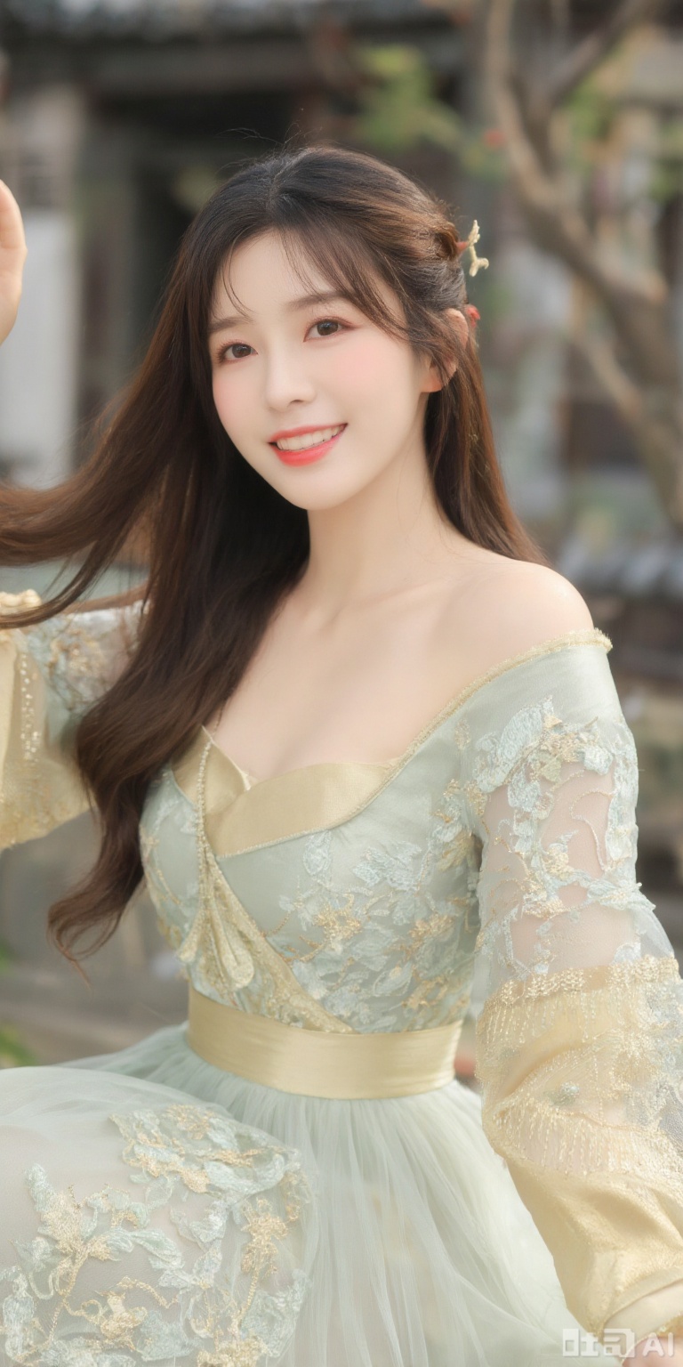 Exquisite, romantic ancient style, super realistic real person, beauty portrait, amazing beauty, pure desire, beautiful smile, flowing brown and black silky hair, watery eyes, rosy cheeks, Hanfu, elegant clothing, light green embroidered tulle skirt, complex gold silk, ethereal atmosphere, cleverly capture emotions, masterpieces, soft lighting, high resolution, depth of field composition, layers, background is ancient backyard