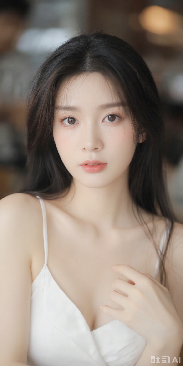 A oriental beauty who advocates freedom, with big eyes, long hair, delicate face, reflecting curves, blurred eyes, professional photography, 8k quality, working in a coffee shop,