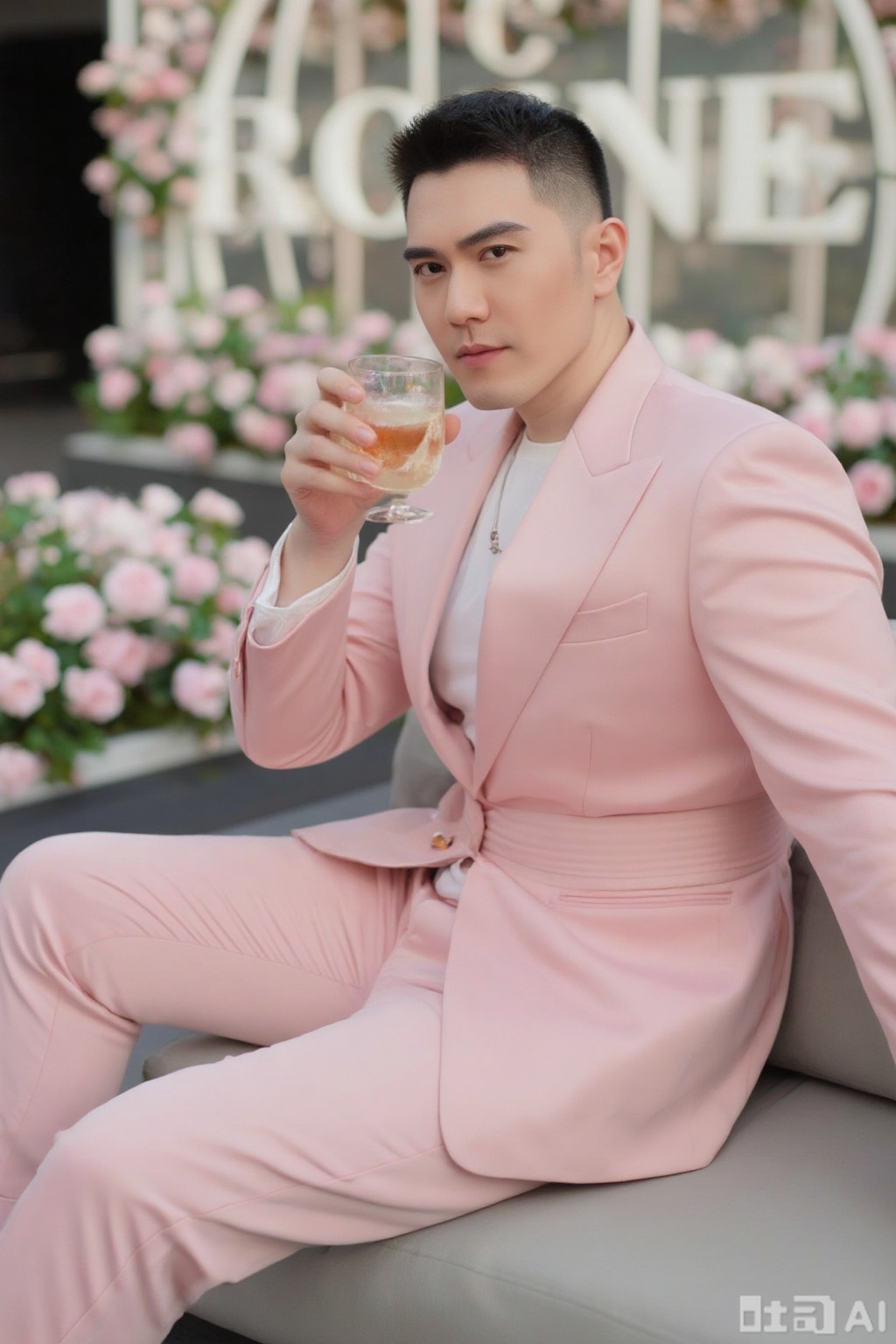 xnz,wjc, A man in a pink suit and white inner shirt, sits on an outdoor sofa, holds a drink, with pink flowers and brand logos. Fashion composition, romantic tones, bright light, fashion event style. Background: floral, brand decorations.