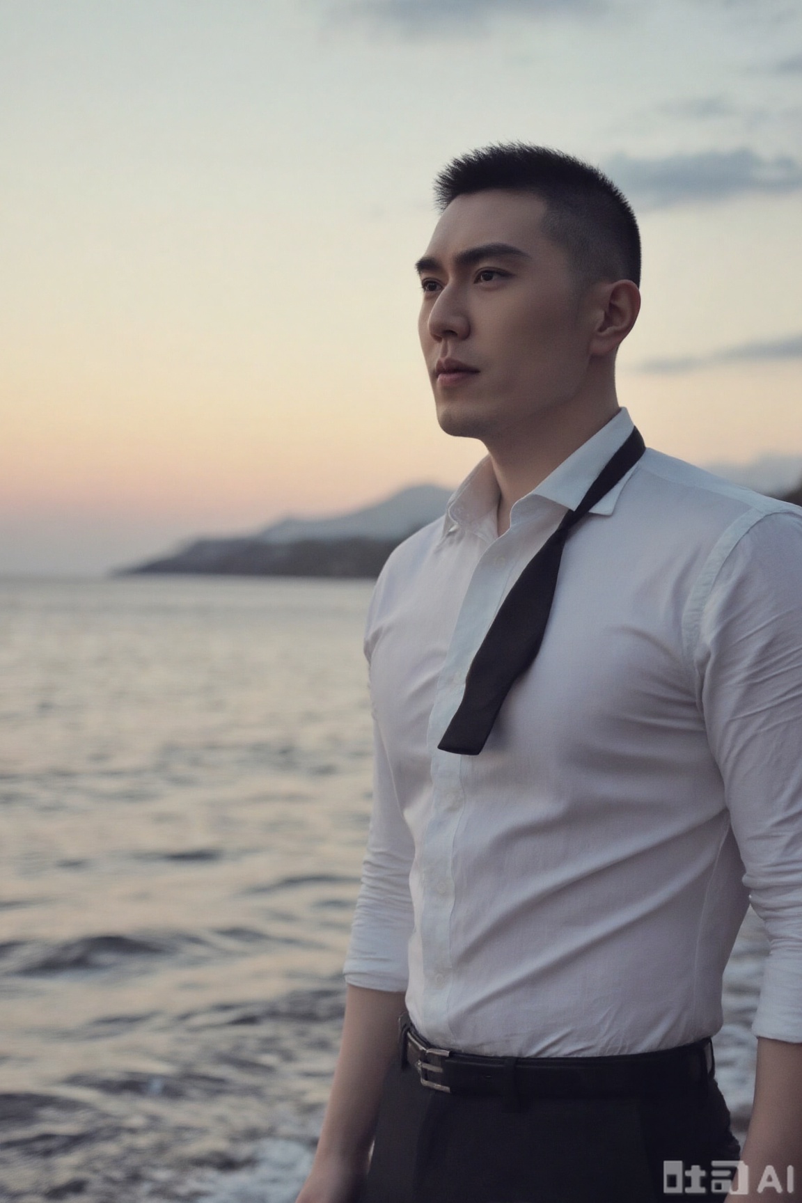 xnz,wjc, A man in a white shirt, black tie and pants, pectorals,stands by the sea, with dusk sea view and distant mountains. Panoramic composition, cool tones, soft light, literary and lonely. Background: sea, sky, distant mountains.