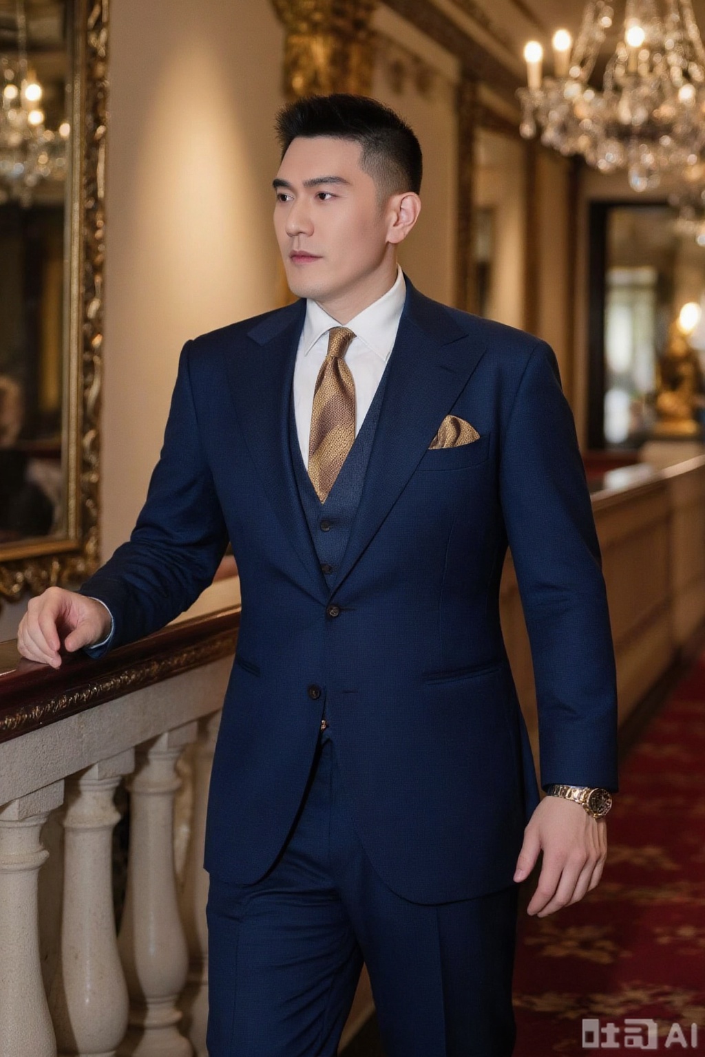 A man in  a dark blue formal suit, paired with a matching vest, a brown - yellow checkered tie, a white shirt. The breast pocket is adorned with a brown - yellow striped pocket square.He is walking down a red - carpeted staircase, one hand on the railing. The background is a grand ballroom with chandeliers and ornate decorations. Spotlight shines on him, creating a dramatic effect. In the style of Richard Avedon, using a Hasselblad H6D - 100c with a HC 80mm f/2.8 lens, ISO 400, f/5.6, 1/250s. The color is vibrant with high saturation, and a lens flare effect is added.,xnz