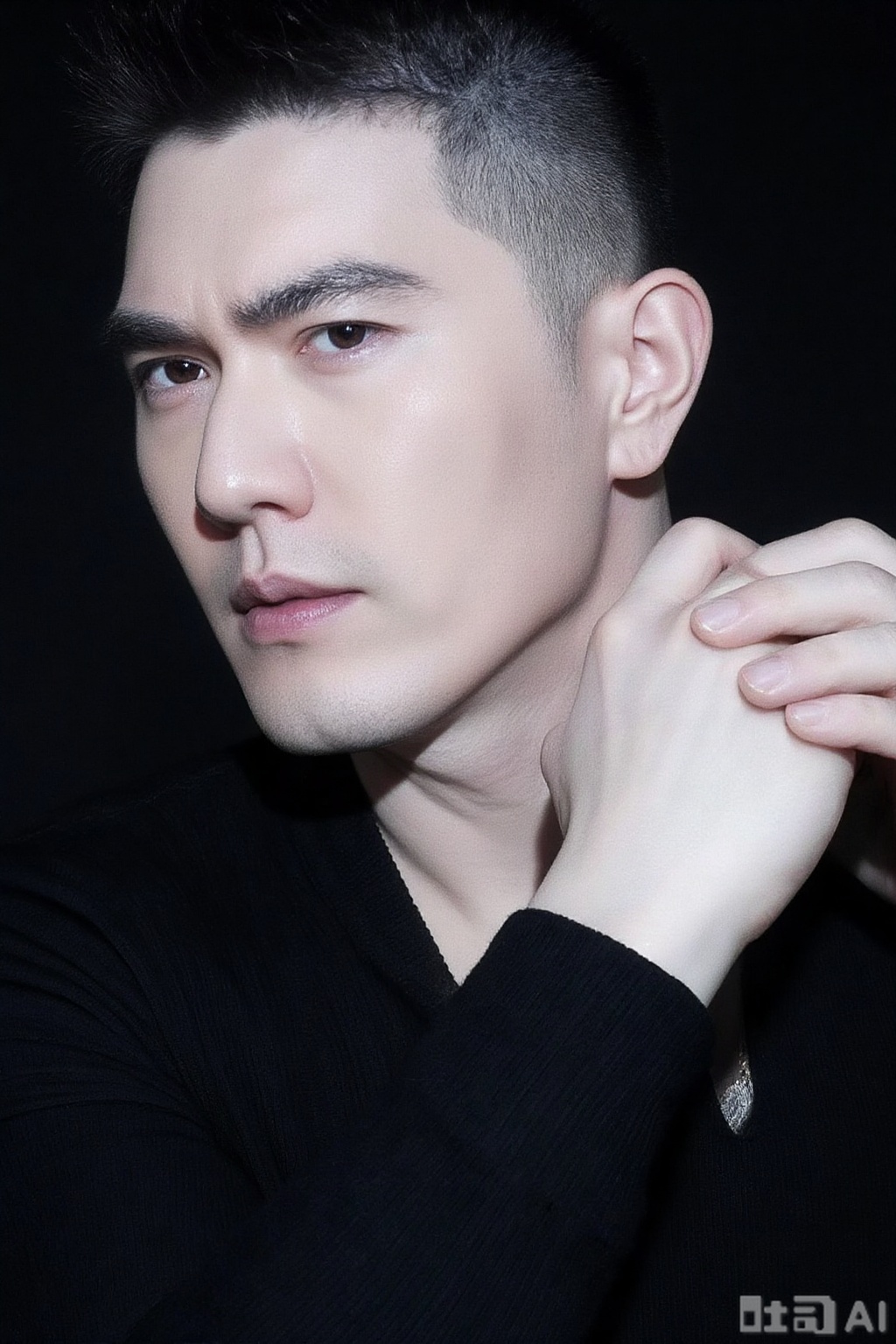 A mature and stylish man in his 30s, muscular,with a tough outline and short, stylish haircut, stands in a contemplative posture. His silhouette is against a pure black background, emphasizing his form. The composition focuses on his face, hands, and tight-fitting black turtleneck. High contrast light and shadow create a mysterious atmosphere, enhancing the texture of his clothing. The picture style is simple and high-end, with a strong sense of light and shadow, highlighting the materials and fit of his clothes. No excess decoration; the background remains pure black.xnz,wjc