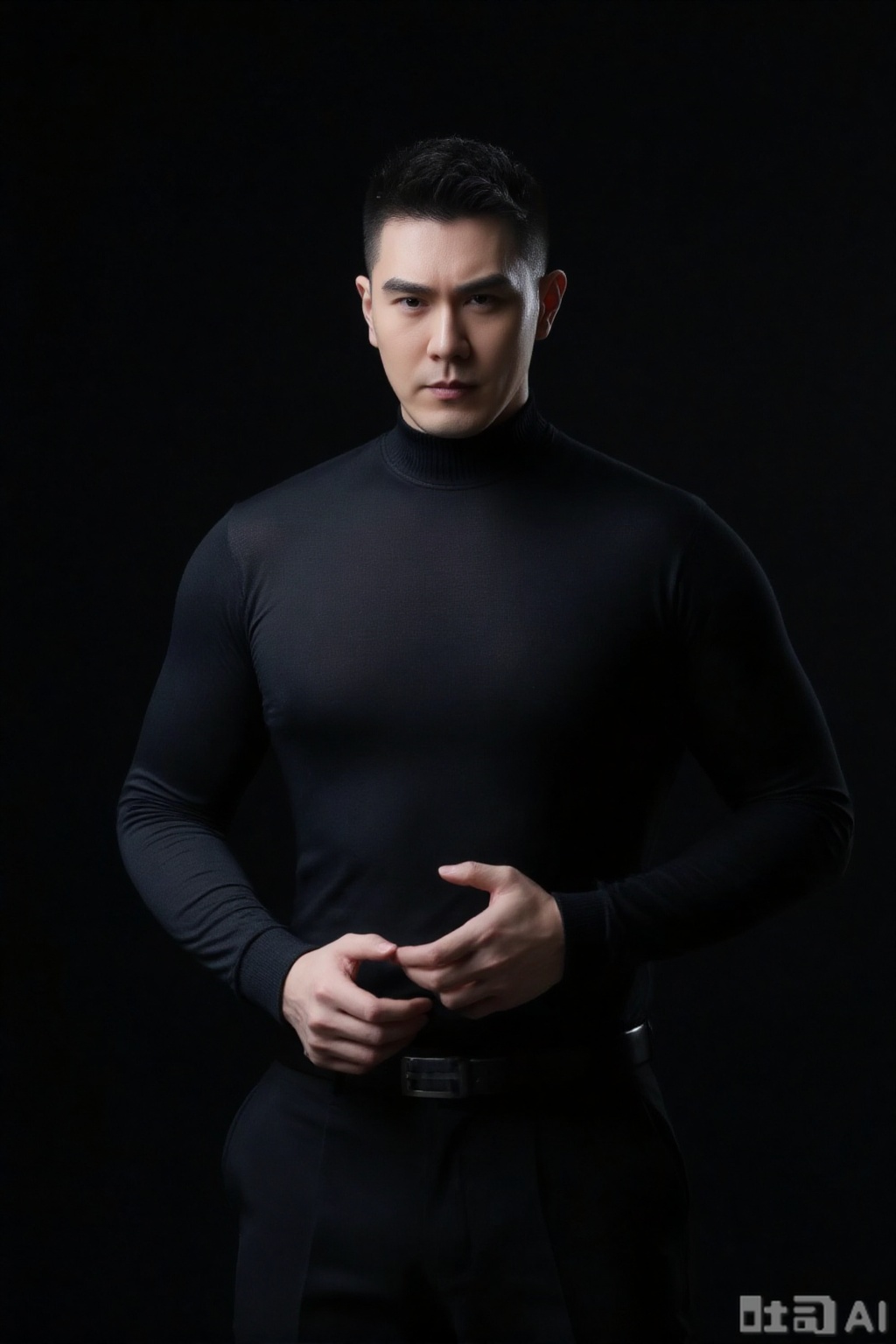 A mature and stylish man in his 30s, with a tough outline and short, stylish haircut, stands in a contemplative posture. His silhouette is against a pure black background, emphasizing his form. The composition focuses on his face, hands, and tight-fitting black turtleneck. High contrast light and shadow create a mysterious atmosphere, enhancing the texture of his clothing. The picture style is simple and high-end, with a strong sense of light and shadow, highlighting the materials and fit of his clothes. No excess decoration; the background remains pure black.xnz,wjc