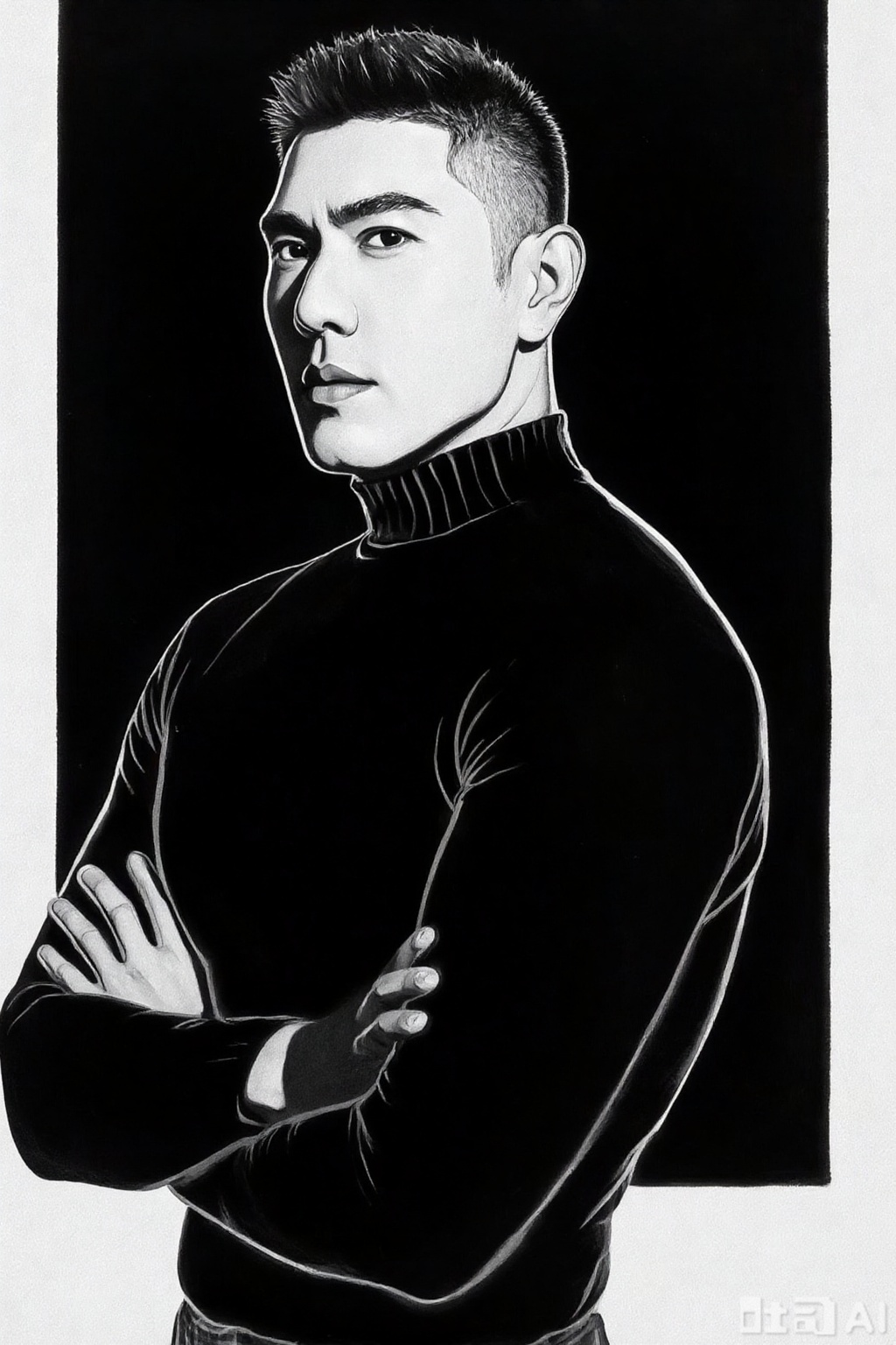 A mature and stylish man in his 30s, muscular,with a tough outline and short, stylish haircut, stands in a contemplative posture. His silhouette is against a pure black background, emphasizing his form. The composition focuses on his face, hands, and tight-fitting black turtleneck. High contrast light and shadow create a mysterious atmosphere, enhancing the texture of his clothing. The picture style is simple and high-end, with a strong sense of light and shadow, highlighting the materials and fit of his clothes. No excess decoration; the background remains pure black.xnz,wjc