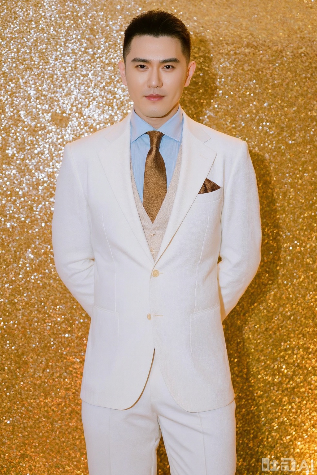 xnz,wjc, A man in a white suit with vest, tie, stands with hands behind back against a golden glitter background. Symmetrical composition, gorgeous tones, bright light, formal dinner style. Background: golden glitter wall.