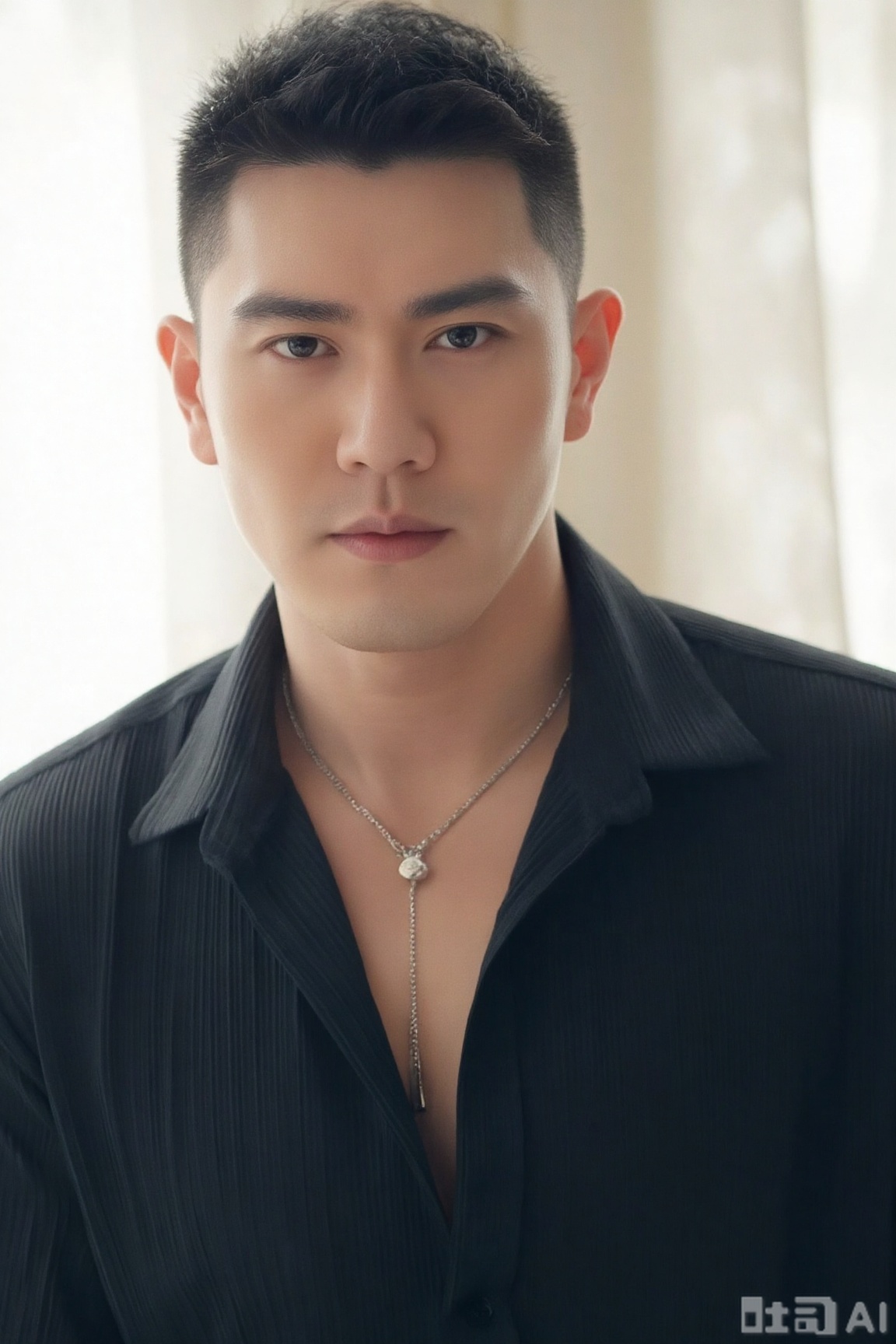 xnz,wjc,solo,realistic, The man in the picture is wearing a black pleated shirt with the collar slightly open, revealing part of his chest. an indoor environment with soft lighting, which highlights the man's deep eyes and three-dimensional features, giving an overall impression of being handsome and charming., masterpiece, realistic, best quality, highly detailed,