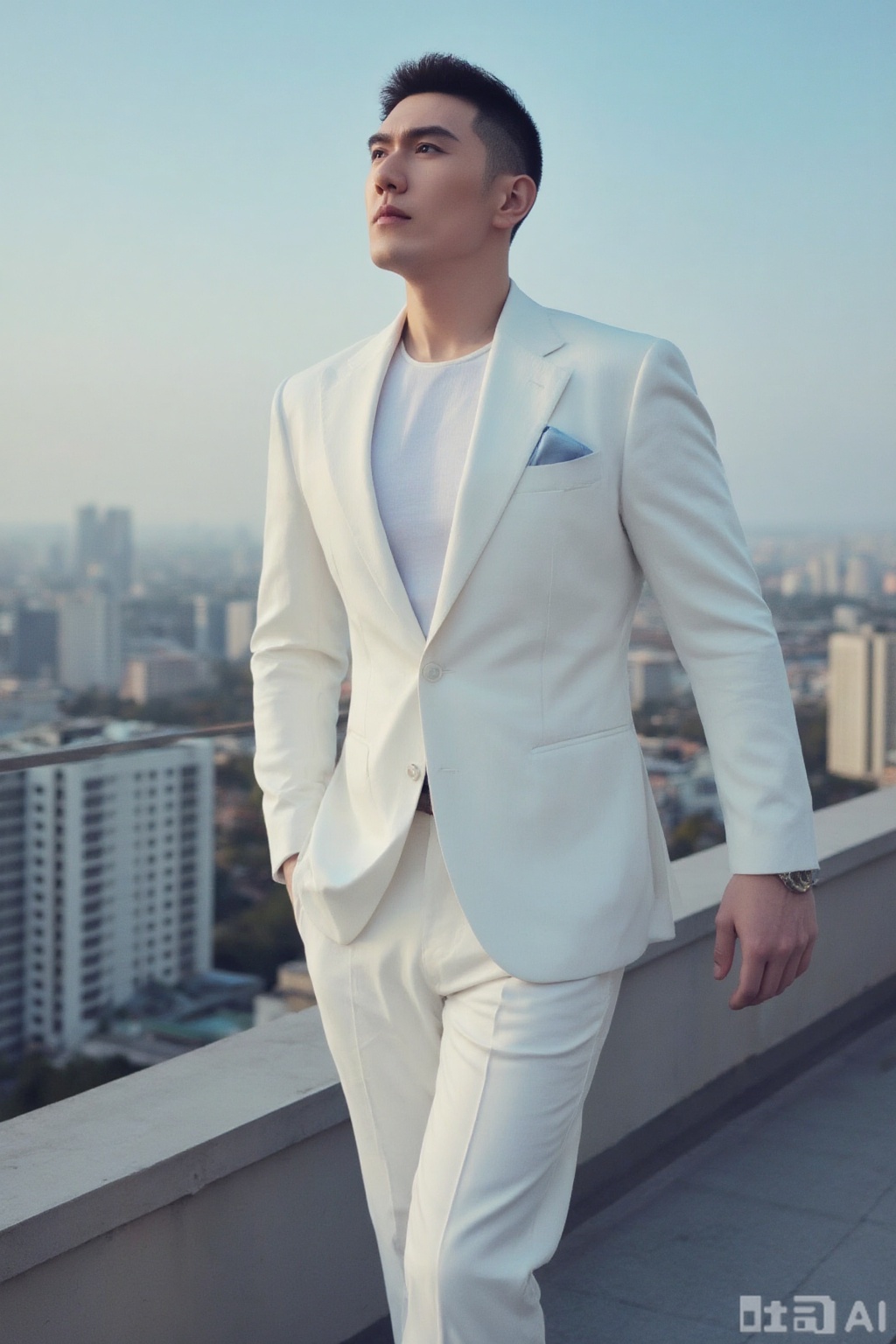 On the top terrace of the urban office building, the male model shows a confident aura. He is wearing a white Italian-style suit. The slim cut outlines the perfect body proportions, and a light blue handkerchief is neatly folded and placed in the pocket of the suit jacket. Facing the gentle breeze, he puts his hands in his pockets and walks forward with big strides, each step firm and powerful. Looking up at the blue sky, the sunlight shines on his face, outlining his distinct features. His hair flutters in the wind, and behind him are row upon row of high-rise buildings. It seems that the whole city is his stage, and he is the leading role in control of the whole scene, showing his boldness and freedom.,xnz,wjc