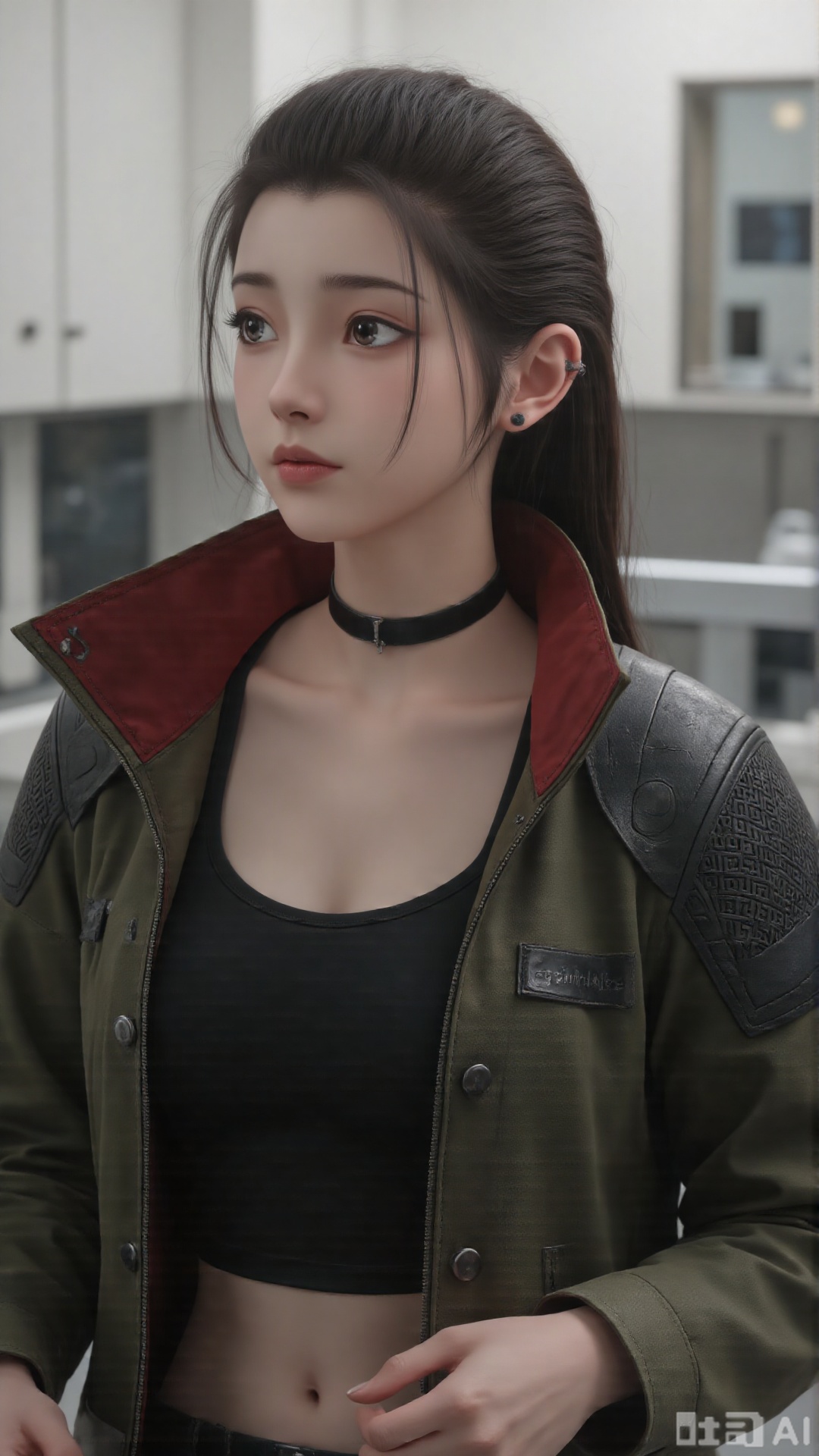 1girl, long hair, solo, clothes, black hair, mischevious smile, perfect body, scenery, sharp focus, best quality, masterpiece, detailed outfit, illustration, perfect eyes, finely detailed beautiful anime eyes, realistic skin, intricate details, best lighting, depth of field, ultra high resolution, sitting
