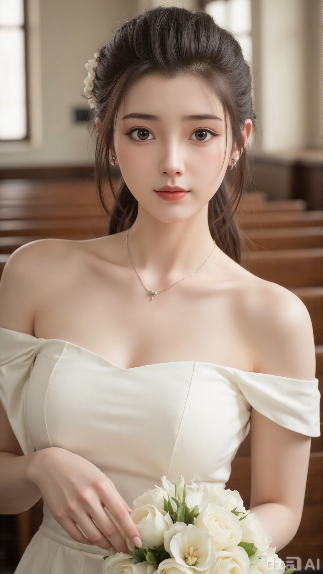 masterpiece,very aware,highres,absurdres,newest,best quality,high quality,chromatic_aberration,cinematic_angle,dutch angle,blurry_foreground,
1girl, flower, solo, hair ornament, dress, bouquet, stained glass, hair flower, holding bouquet, white dress, holding, looking at viewer, necklace, jewelry, church, white flower, virtual youtuber, lily (flower), earrings, closed mouth, bare shoulders, indoors, off-shoulder dress, aqua eyes, long hair, off shoulder, wedding dress, light smile, mole, blue eyes, upper body, collarbone, holding flower,
photorealistic
