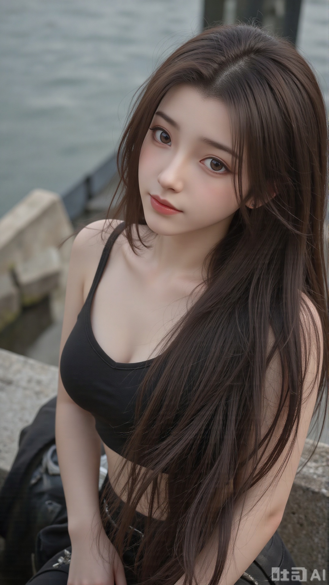  a asian woman, sexy long hair, blue eyes, charming and seductive temperament, distant close-up, golden ratio, movie texture, minimalism, high-end feeling, strong contrast between cold and warm, outdoor scenes, 