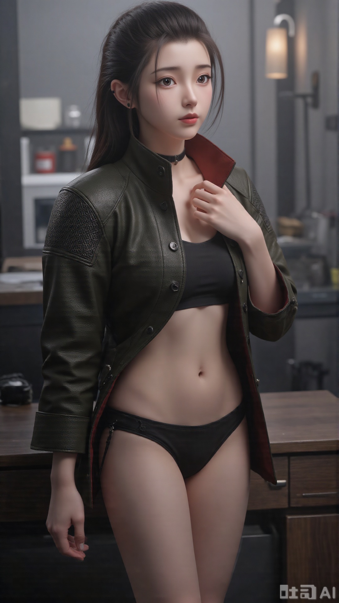 1girl, long hair, solo, clothes, black hair, mischevious smile, perfect body, scenery, sharp focus, best quality, masterpiece, detailed outfit, illustration, perfect eyes, finely detailed beautiful anime eyes, realistic skin, intricate details, best lighting, depth of field, ultra high resolution, sitting