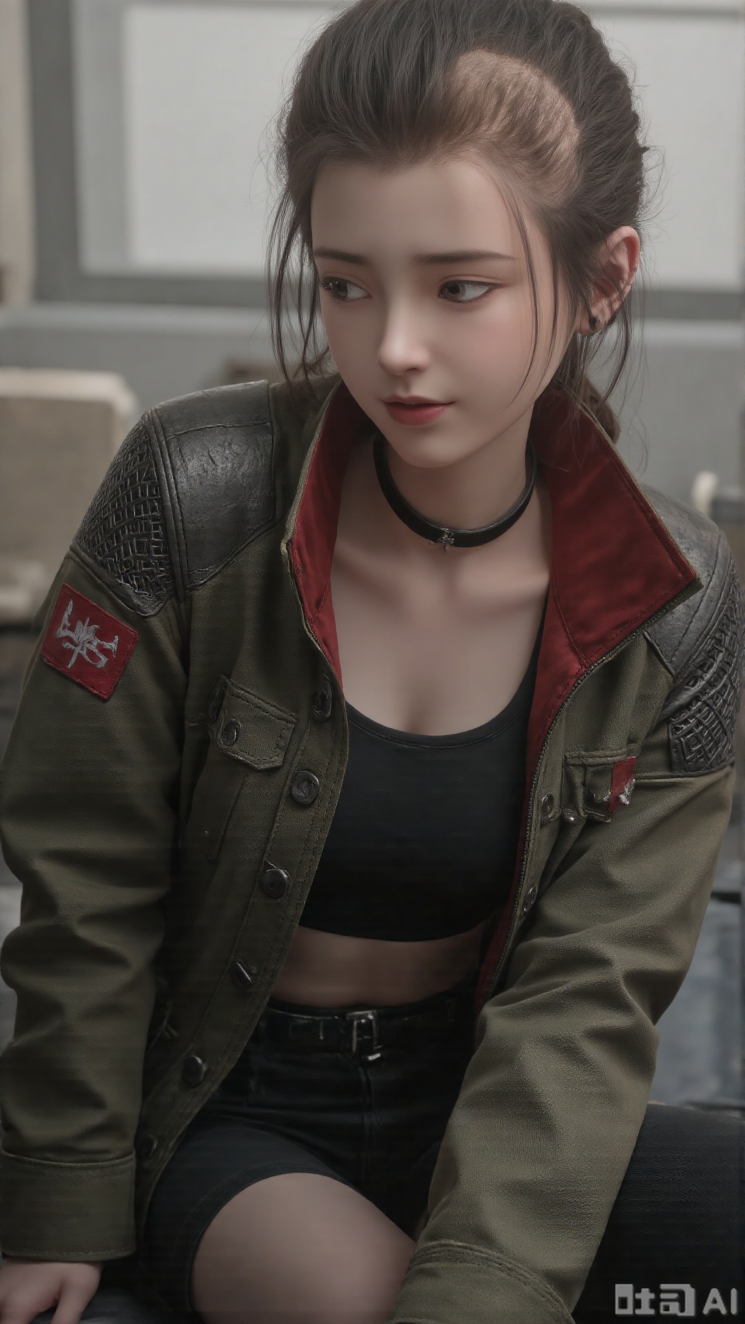 1girl, long hair, solo, clothes, black hair, mischevious smile, perfect body, scenery, sharp focus, best quality, masterpiece, detailed outfit, illustration, perfect eyes, finely detailed beautiful anime eyes, realistic skin, intricate details, best lighting, depth of field, ultra high resolution, sitting