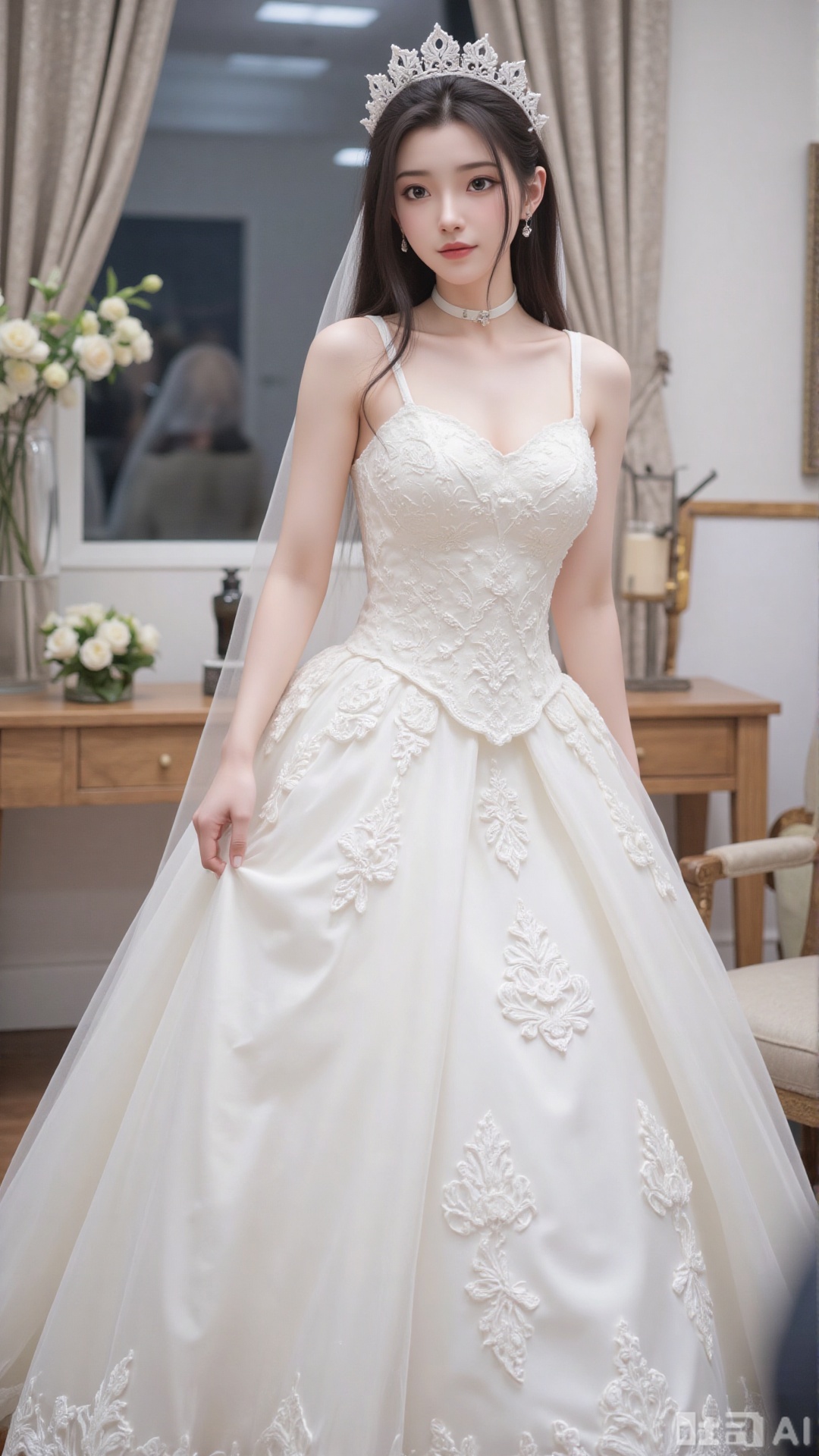 1girl, white wedding dress,looking at viewer, mischevious smile, perfect body, scenery, sharp focus, best quality, masterpiece, detailed outfit, illustration, perfect eyes, finely detailed beautiful anime eyes, realistic skin, intricate details, best lighting, depth of field, ultra high resolution, cowboy_shot, bride