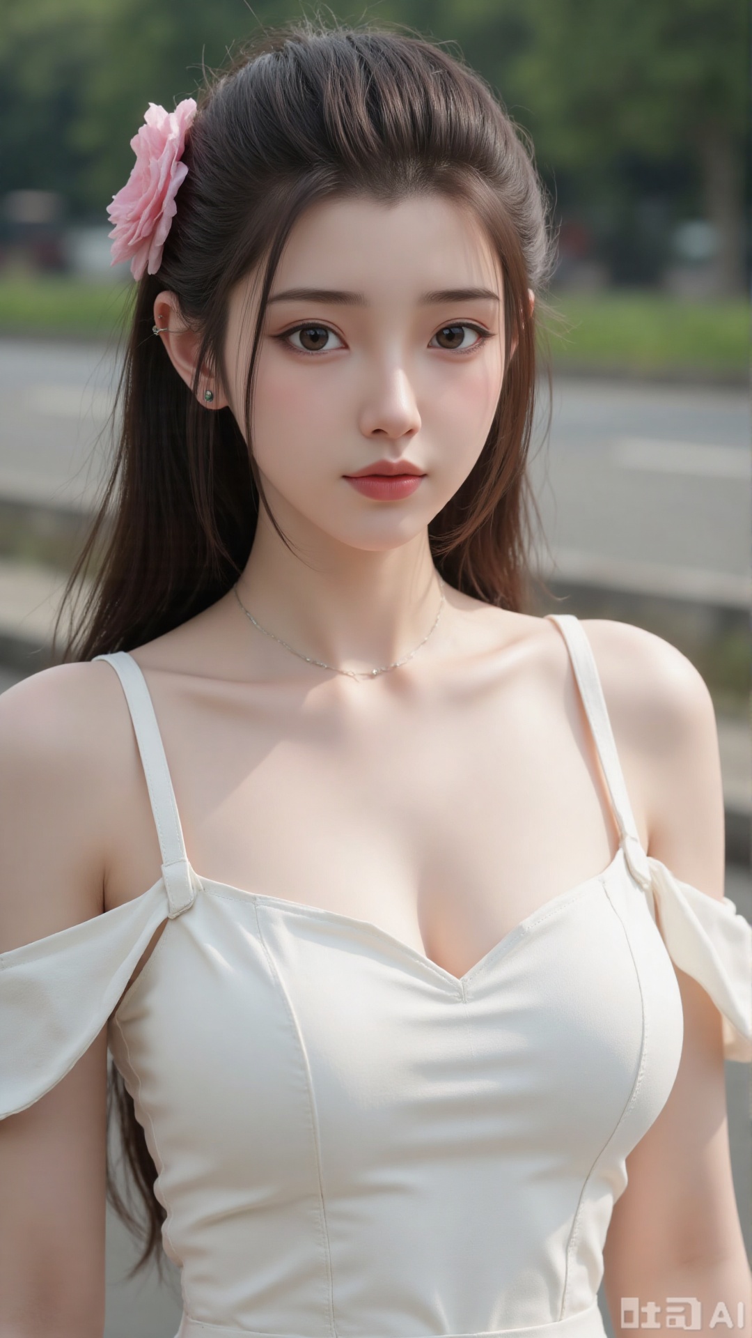 1girl,solo,jewelry,flower,hair flower,hair ornament,necklace,realistic,brown eyes,looking at viewer,dress,blurry background,twin braids,blurry,white dress,long hair,upper body,breasts,pink bow,red jacket,bare shoulders,lips,collarbone,outdoors,cleavage,large natural breast,soft breasts,huge Breasts