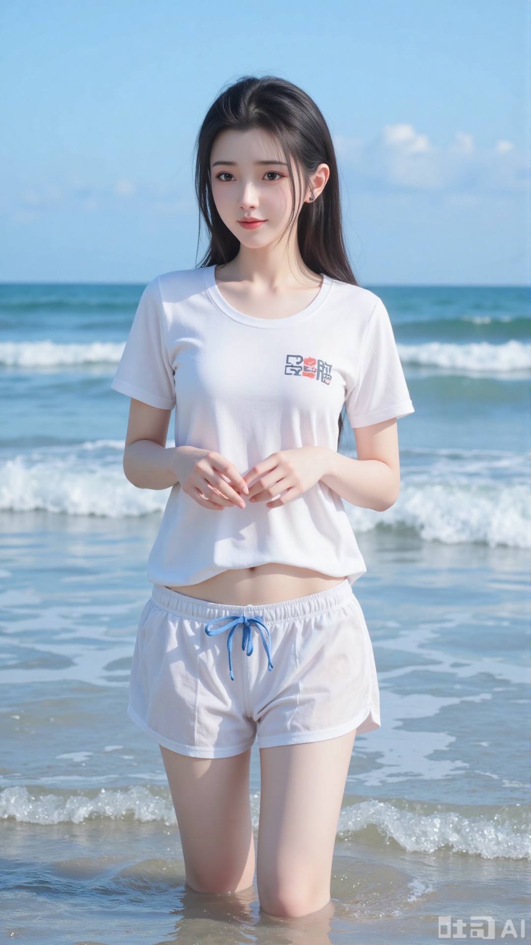 Korean girl, single, showing navel, long hair, thighs, wearing shirt, outdoors, looking at viewer, realistic style, with water and sky, daytime, fair thighs, white tube top, short top, sea, lips, blue sky, short sleeves, smile, clouds, dark eyes, big eyes Eyes, plump breasts, plump breasts, chest, looking at the audience, looking at the screen, bare shoulders, collarbone, standing in the sea, (((upper body red short-sleeved, short top)), (((wearing a translucent The white gauze skirt and blue swimming trunks with the school team logo)) were soaked in the water and were soaked.