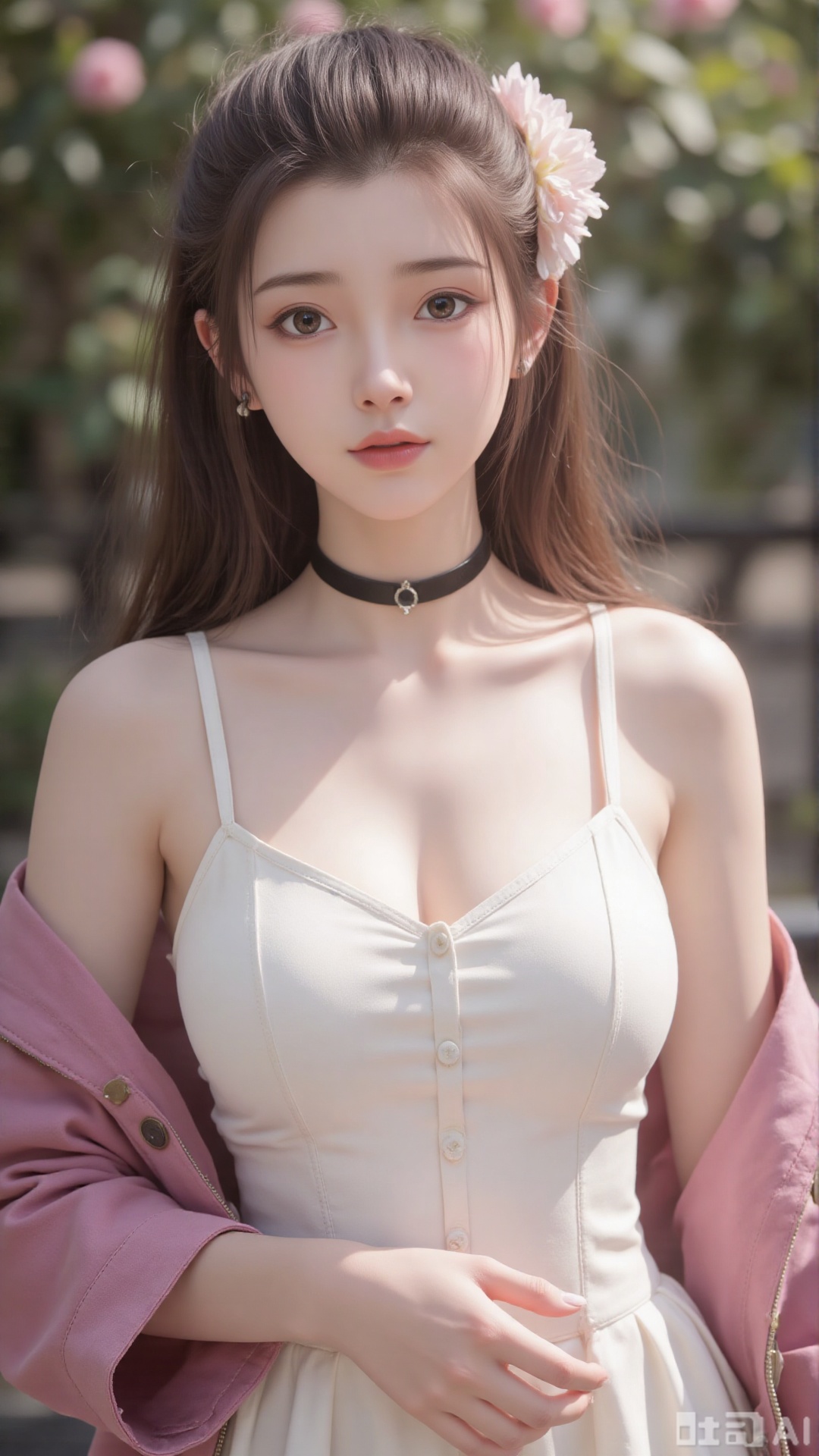 1girl,solo,jewelry,flower,hair flower,hair ornament,necklace,realistic,brown eyes,looking at viewer,dress,blurry background,twin braids,blurry,white dress,long hair,upper body,breasts,pink bow,red jacket,bare shoulders,lips,collarbone,outdoors,cleavage,large natural breast,soft breasts,huge Breasts