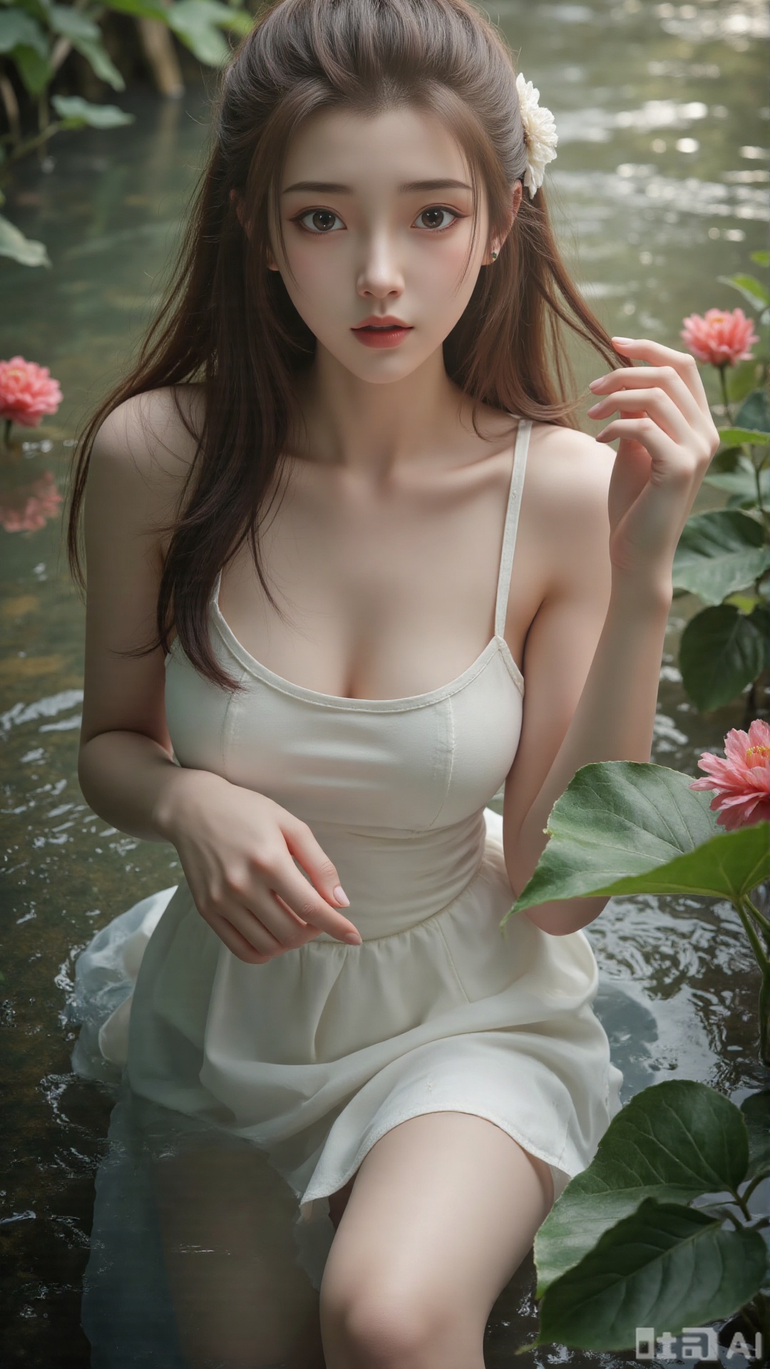 1girl, solo, long hair, breasts, looking at viewer, blush, open mouth, bangs, brown hair, hair ornament, dress, bare shoulders, brown eyes, medium breasts, collarbone, flower, parted lips, hair flower, water, white dress, sleeveless dress, leaf, plant, red flower, partially submerged, hibiscus
,backlighting,depth of field,cinematic lighting,light particles,lens flare, (artist:quasarcake:0.8),extreme aesthetic,(wlop:0.6),masterpiece,best quality,good quality,newest,very aesthetic,absurdres,Visual impact,A shot with tension, ultra-high resolution,32K UHD,sharp focus,best-quality,masterpiece,Emotionalization,unconventional supreme masterpiece,masterful details,temperate atmosphere,with a high-end texture,in the style of fashion photography, (alzi xiaomI:1.2),(mogumo:1.1),(good hands, nice hands:0.5),giving the poster a dynamic and visually striking appearance,impactful picture,offcial art,colorful,movie perspective, masterpiece,best quality,amazing quality,very aesthetic,absurdres,best quality,newest
