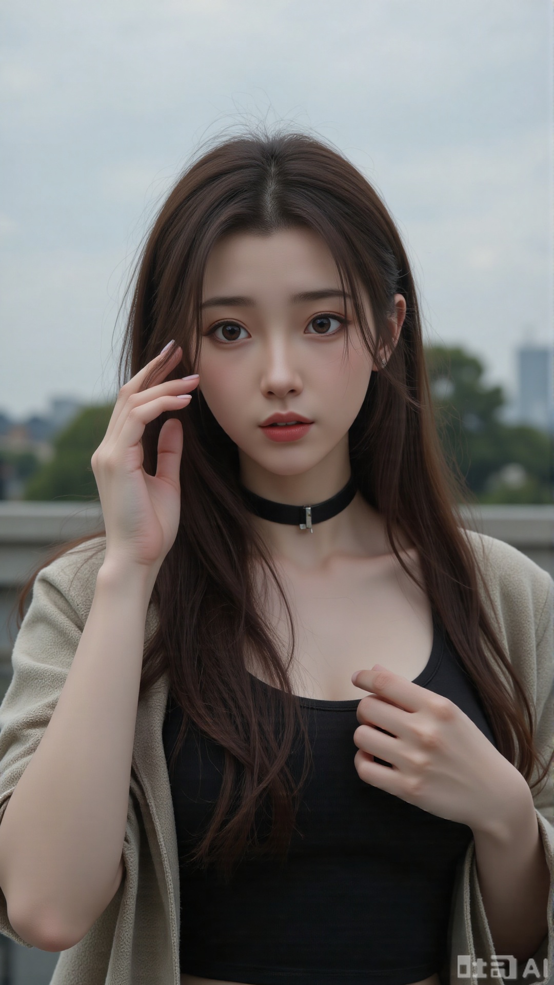  a asian woman, sexy long hair, blue eyes, charming and seductive temperament, distant close-up, golden ratio, movie texture, minimalism, high-end feeling, strong contrast between cold and warm, outdoor scenes, 