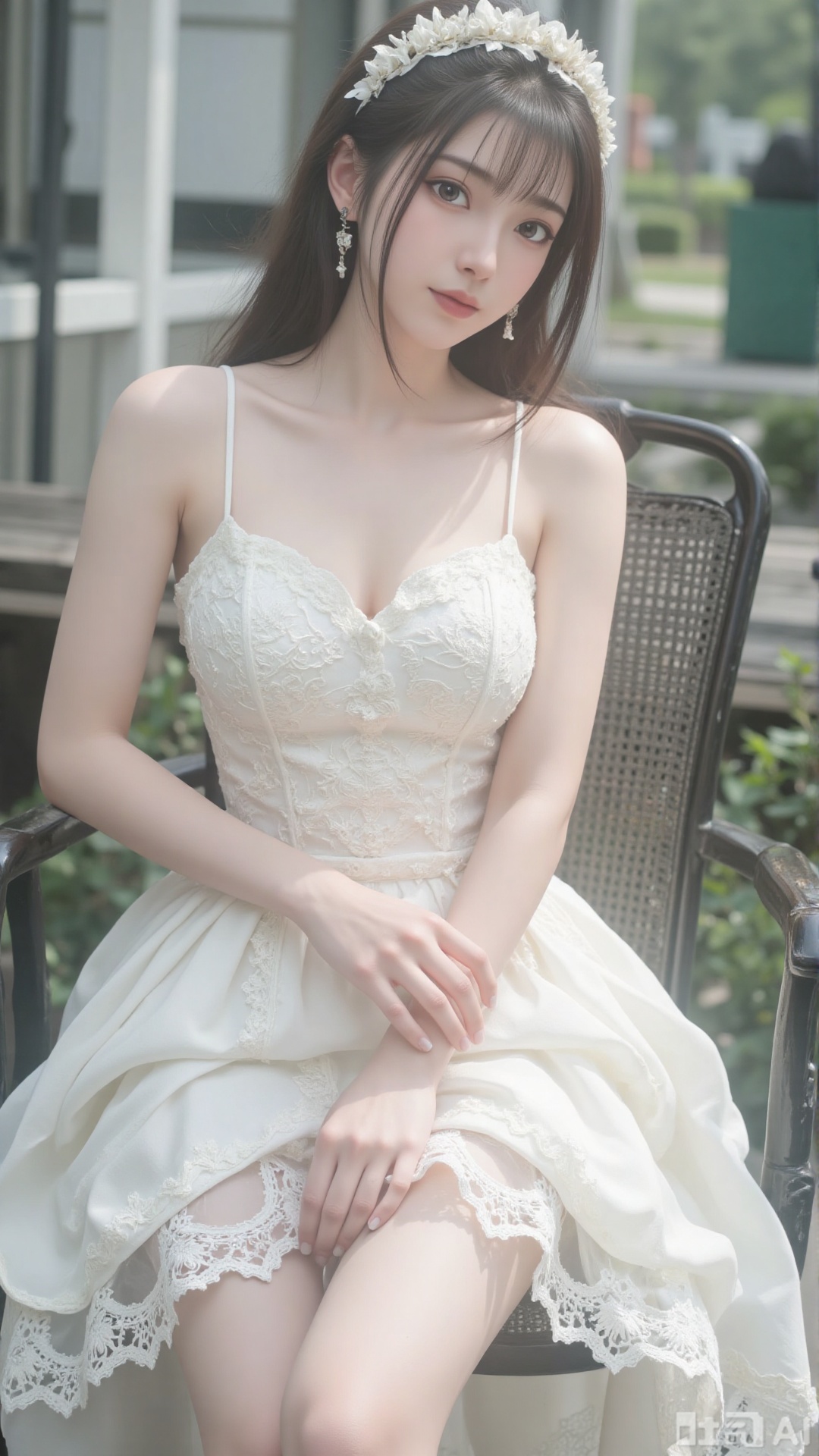 1girl, white wedding dress,looking at viewer, mischevious smile, perfect body, scenery, sharp focus, best quality, masterpiece, detailed outfit, illustration, perfect eyes, finely detailed beautiful anime eyes, realistic skin, intricate details, best lighting, depth of field, ultra high resolution, cowboy_shot, bride