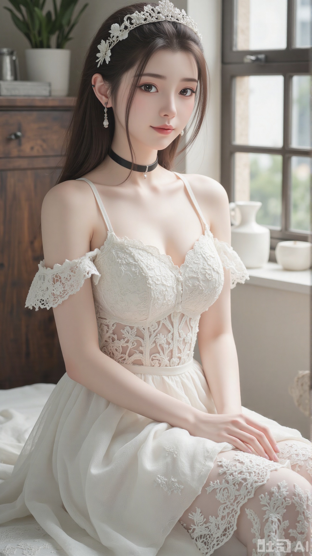 1girl, white wedding dress,looking at viewer, mischevious smile, perfect body, scenery, sharp focus, best quality, masterpiece, detailed outfit, illustration, perfect eyes, finely detailed beautiful anime eyes, realistic skin, intricate details, best lighting, depth of field, ultra high resolution, cowboy_shot, bride