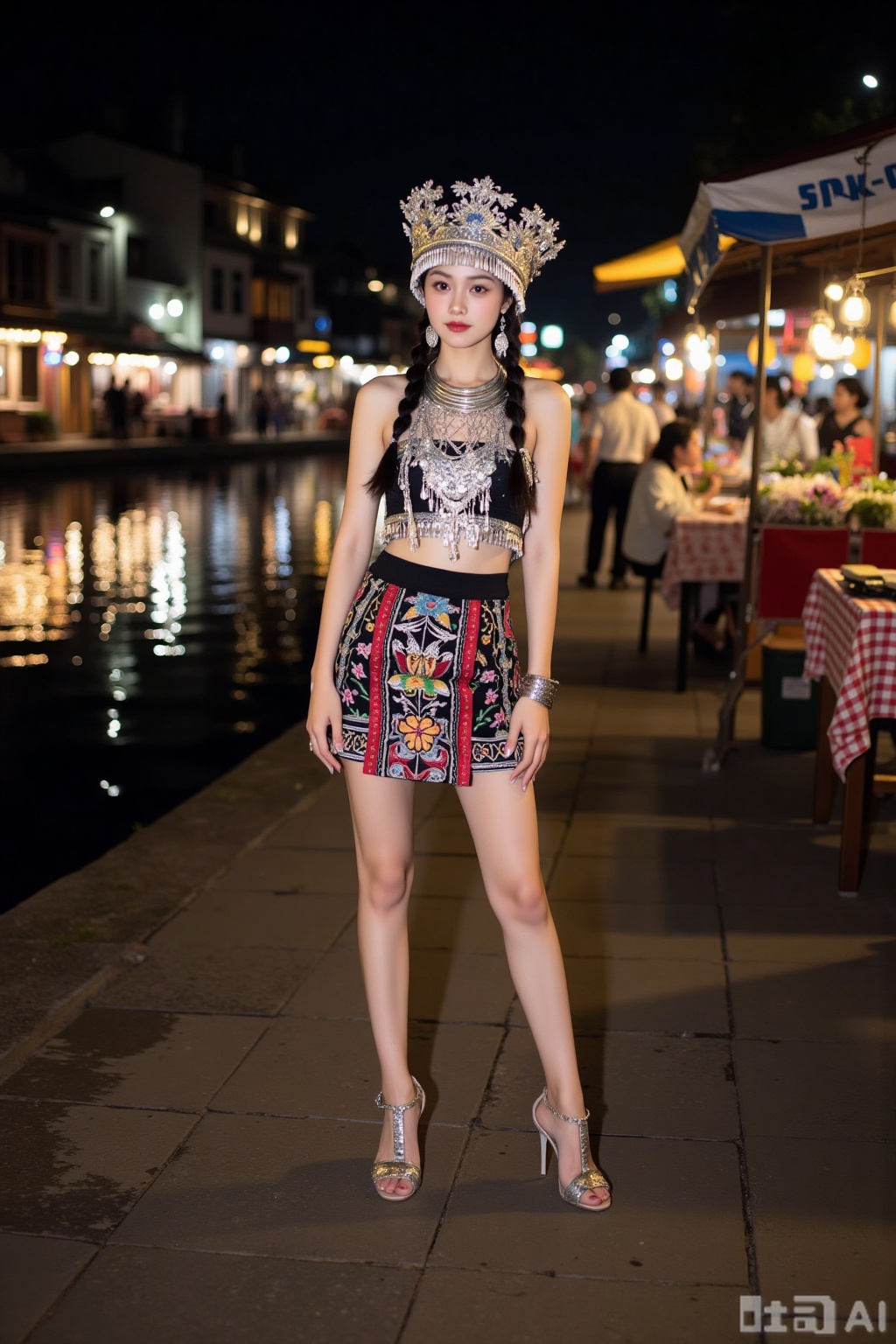 Realistic photo of a young woman with pair of braids, silver head crown, sleeveless Miao clothing, silver necklace, silver bracelet, Miao short skirt, long legs, high heeled embroidered shoes, full body, night, river market, bright lights,