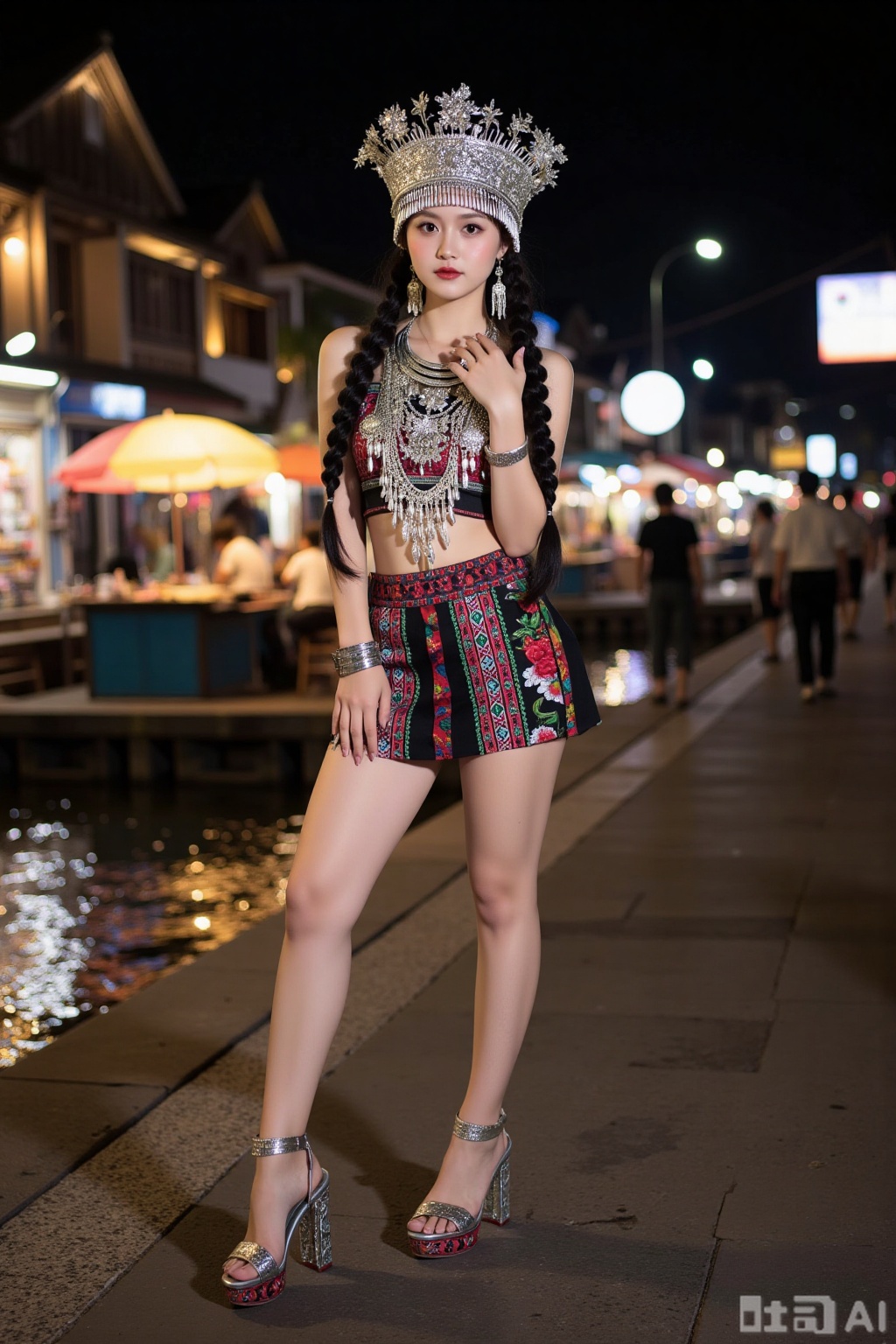 Realistic photo of a young woman with pair of braids, silver head crown, sleeveless Miao clothing, silver necklace, silver bracelet, Miao short skirt, long legs, high heeled embroidered shoes, full body, night, river market, bright lights,