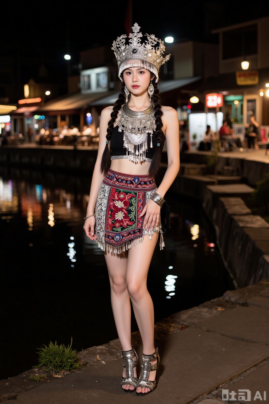 Realistic photo of a young woman with pair of braids, silver head crown, sleeveless Miao clothing, silver necklace, silver bracelet, Miao short skirt, long legs, high heeled embroidered shoes, full body, night, river market, bright lights,