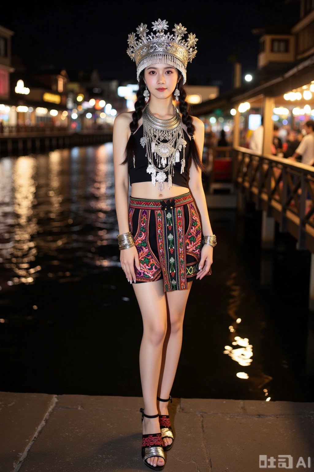 Realistic photo of a young woman with pair of braids, silver head crown, sleeveless Miao clothing, silver necklace, silver bracelet, Miao short skirt, long legs, high heeled embroidered shoes, full body, night, river market, bright lights,