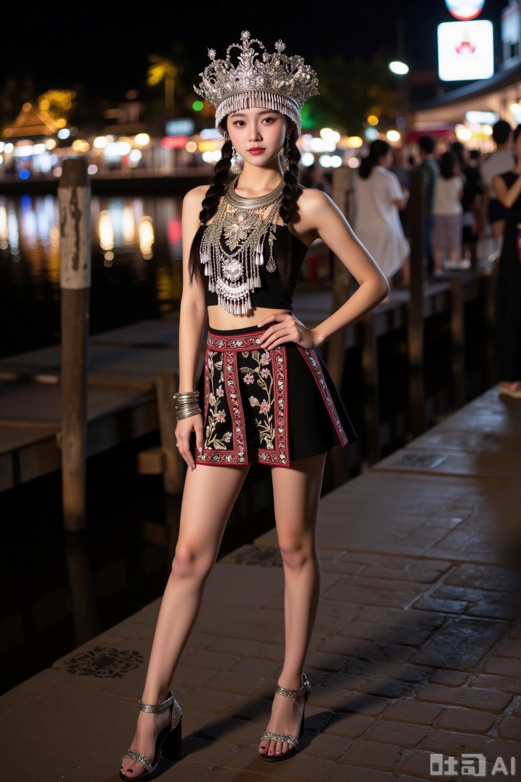 Realistic photo of a young woman with pair of braids, silver head crown, sleeveless Miao clothing, silver necklace, silver bracelet, Miao short skirt, long legs, high heeled embroidered shoes, full body, night, river market, bright lights,