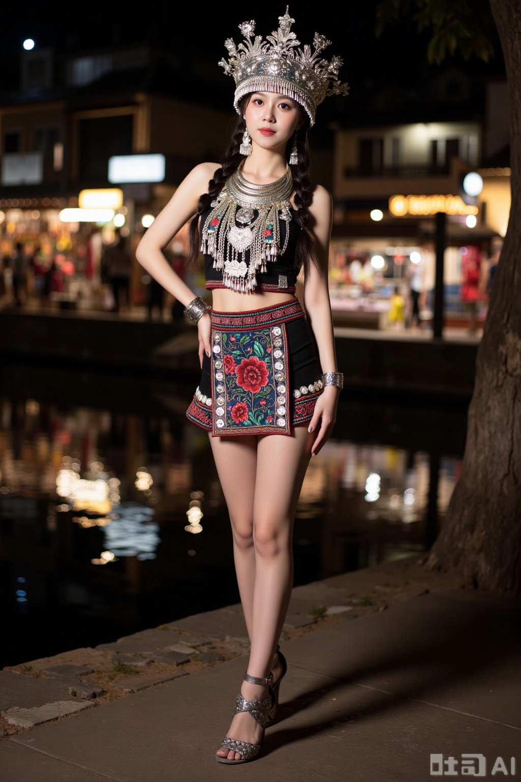 Realistic photo of a young woman with pair of braids, silver head crown, sleeveless Miao clothing, silver necklace, silver bracelet, Miao short skirt, long legs, high heeled embroidered shoes, full body, night, river market, bright lights,