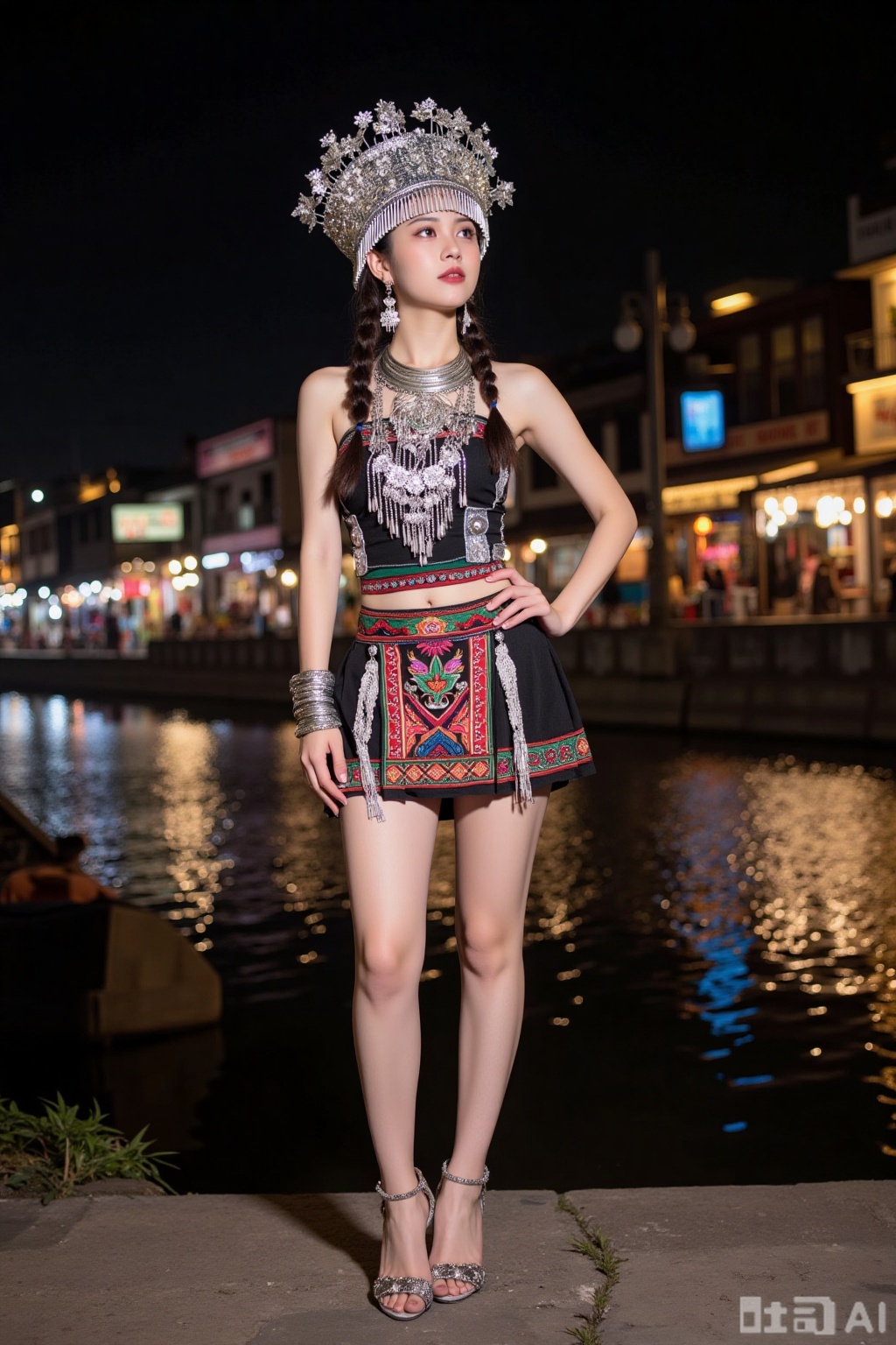 Realistic photo of a young woman with pair of braids, silver head crown, sleeveless Miao clothing, silver necklace, silver bracelet, Miao short skirt, long legs, high heeled embroidered shoes, full body, night, river market, bright lights,