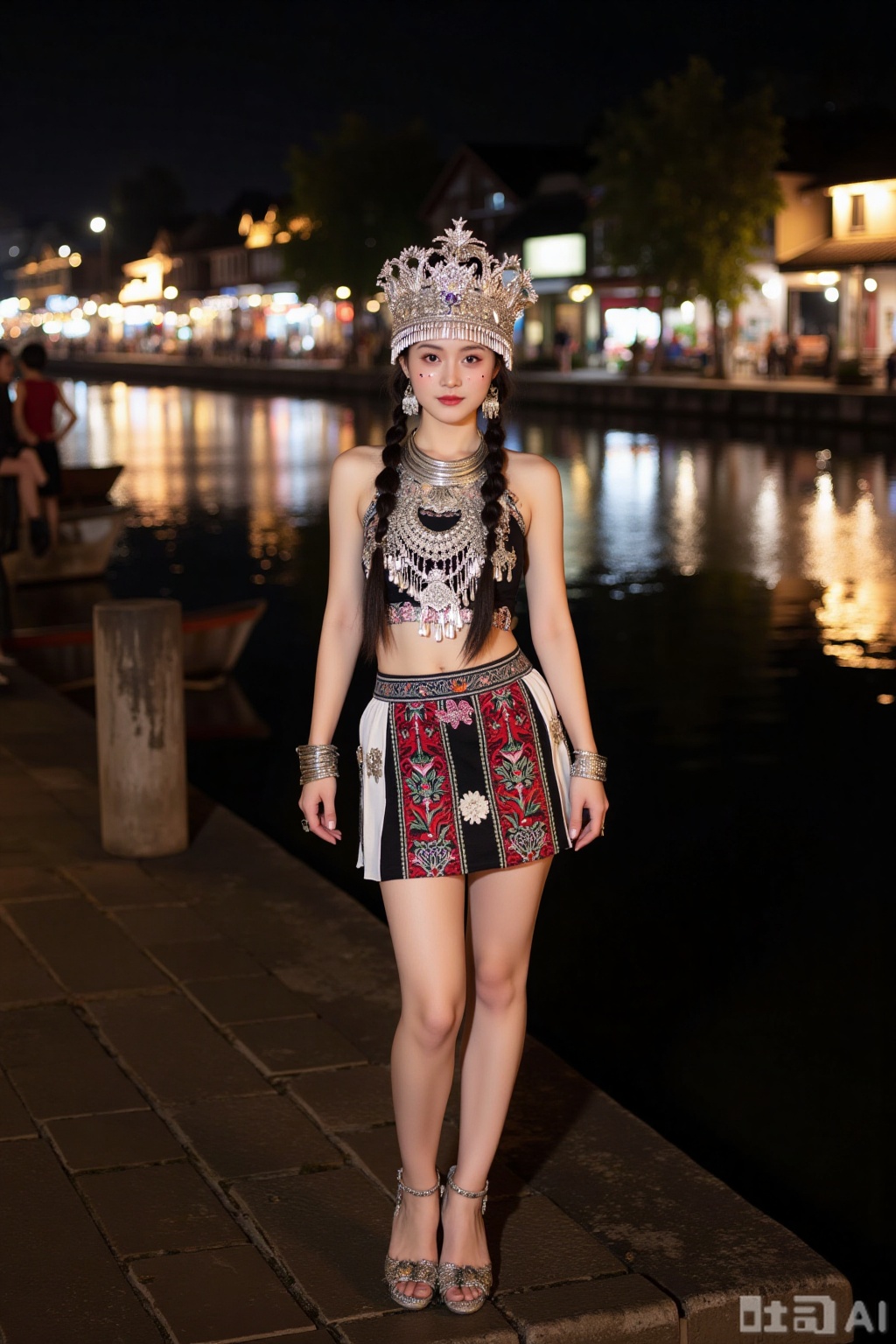 Realistic photo of a young woman with pair of braids, silver head crown, sleeveless Miao clothing, silver necklace, silver bracelet, Miao short skirt, long legs, high heeled embroidered shoes, full body, night, river market, bright lights,