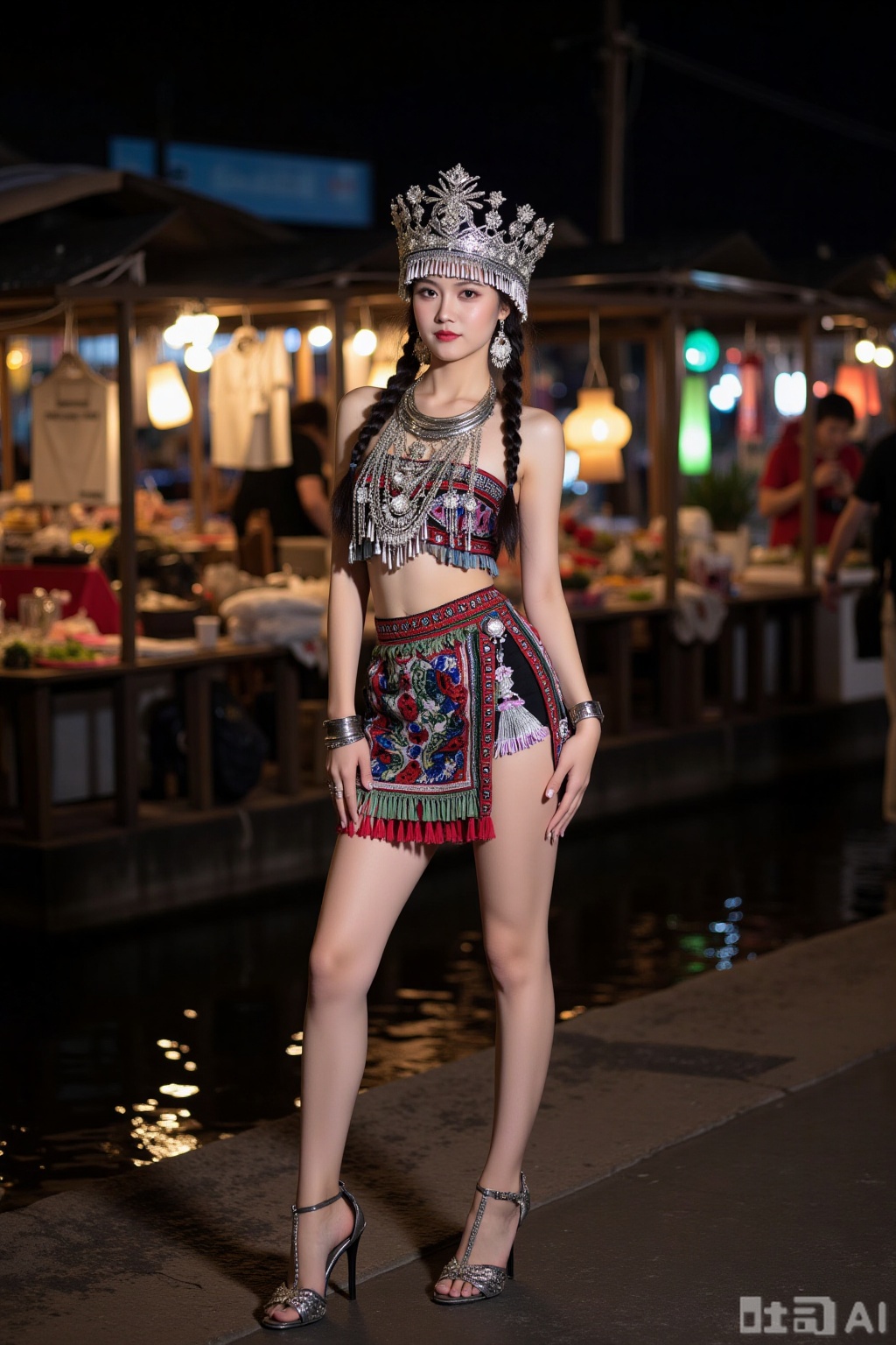 Realistic photo of a young woman with pair of braids, silver head crown, sleeveless Miao clothing, silver necklace, silver bracelet, Miao short skirt, long legs, high heeled embroidered shoes, full body, night, river market, bright lights,