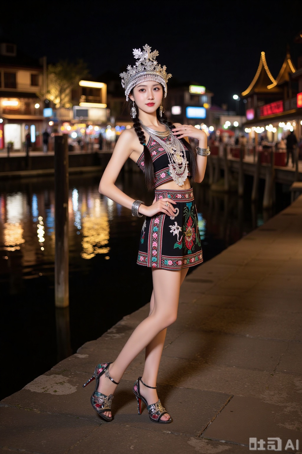 Realistic photo of a young woman with pair of braids, silver head crown, sleeveless Miao clothing, silver necklace, silver bracelet, Miao short skirt, long legs, high heeled embroidered shoes, full body, night, river market, bright lights,