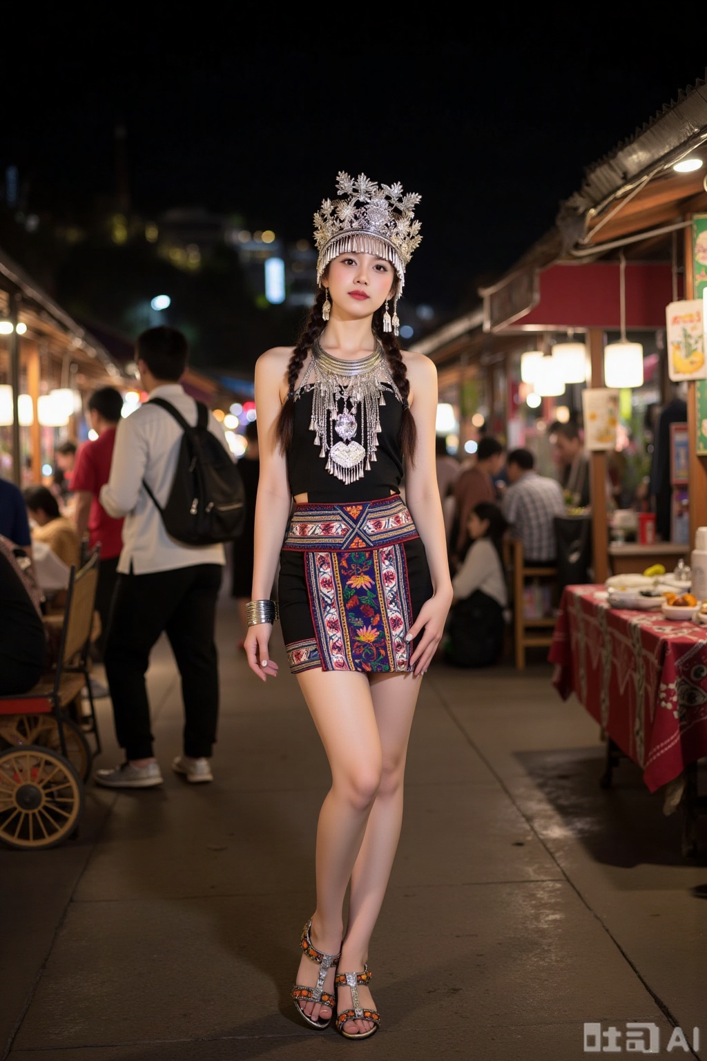 Realistic photo of a young woman with pair of braids, silver head crown, sleeveless Miao clothing, silver necklace, silver bracelet, Miao short skirt, long legs, high heeled embroidered shoes, full body, night, river market, bright lights,
