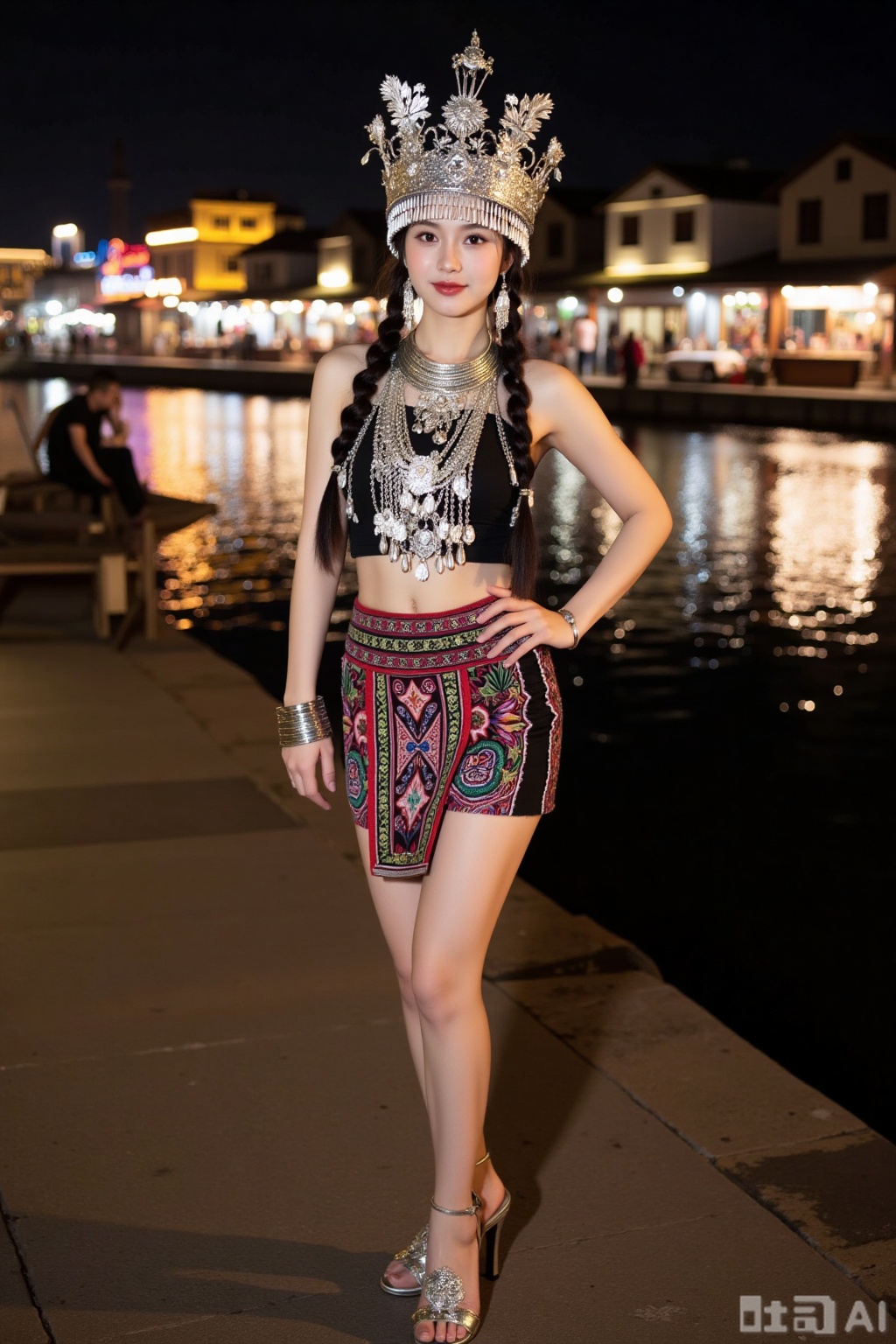 Realistic photo of a young woman with pair of braids, silver head crown, sleeveless Miao clothing, silver necklace, silver bracelet, Miao short skirt, long legs, high heeled embroidered shoes, full body, night, river market, bright lights,