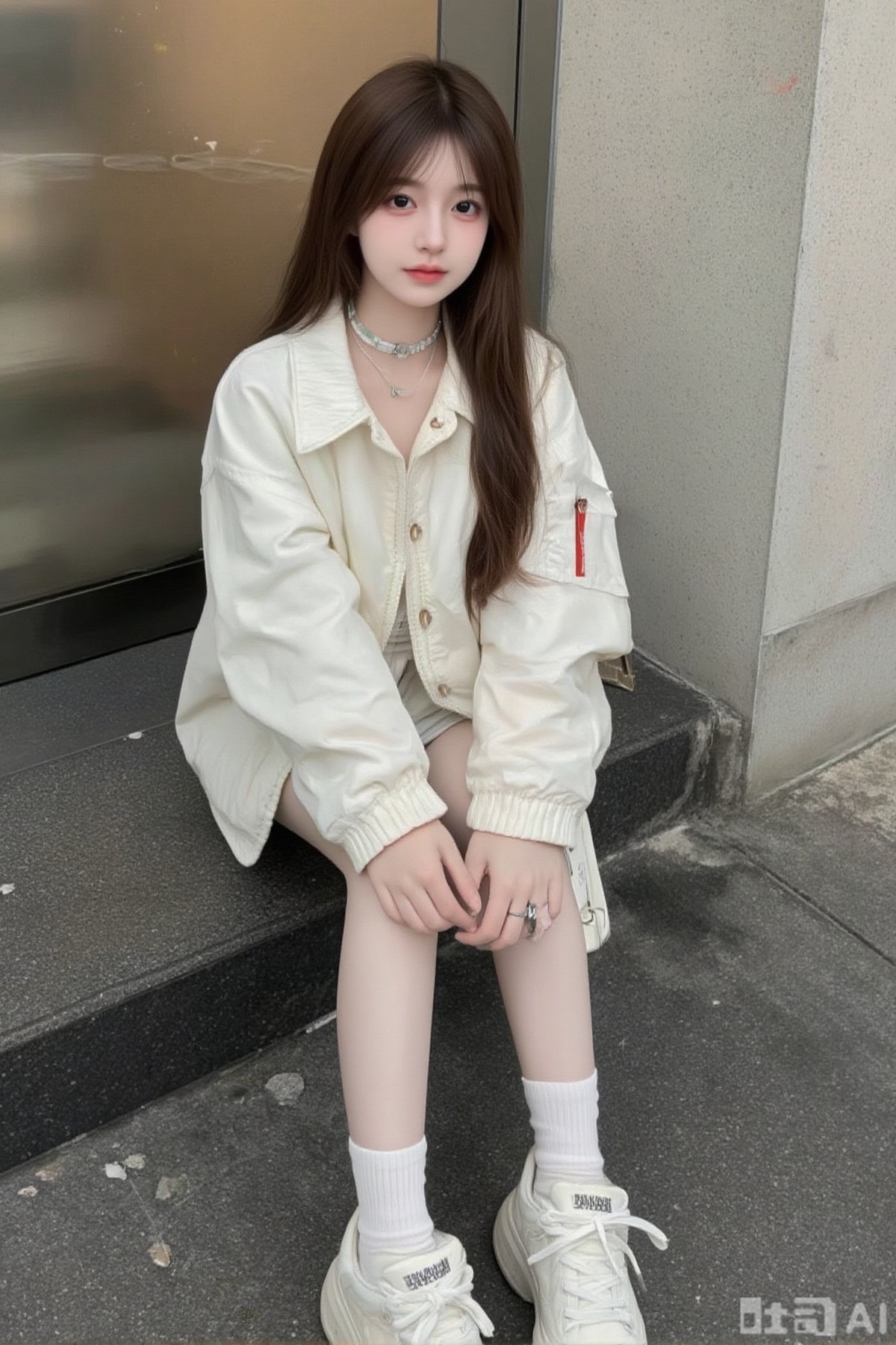 1girl,solo,long hair,looking at viewer,brown hair,long sleeves,jewelry,sitting,jacket,full body,shoes,choker,socks,necklace,bag,black eyes,lips,white footwear,ring,white jacket,white socks,sneakers,realistic