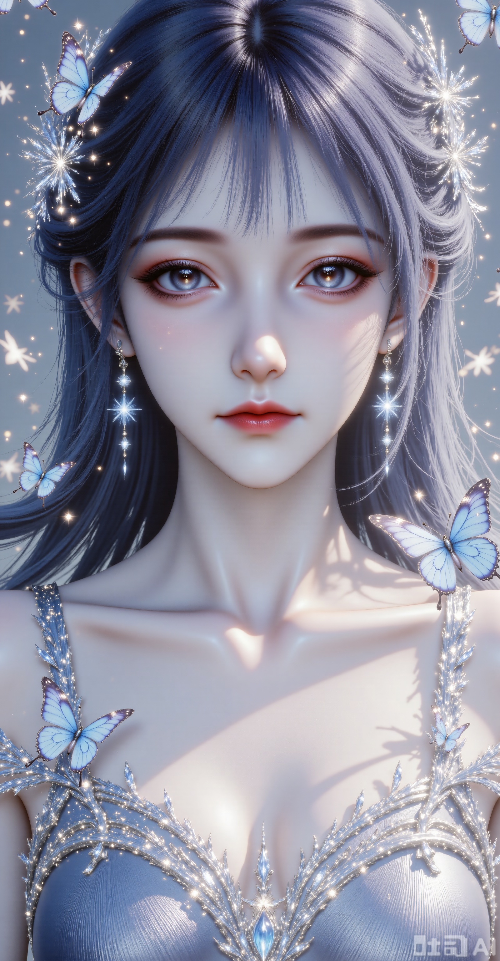 Character: Upper body close-up. Dark blue hair is flowing, delicate skin and delicate makeup. Looking at the camera, long eyelashes, natural pink lips. Special Effects Elements: A large number of blue butterflies surround the characters, some stopping on their cheeks and foreheads, and some flying between their hair. The butterfly's wings are flashing with a dreamy luster, and the exquisite starlight effect creates an extraordinary atmosphere; the expression facing the camera is very calm, with a hint of desire, giving people a feeling of immersed in beautiful fantasy. Front, skirt. Blue hair,
