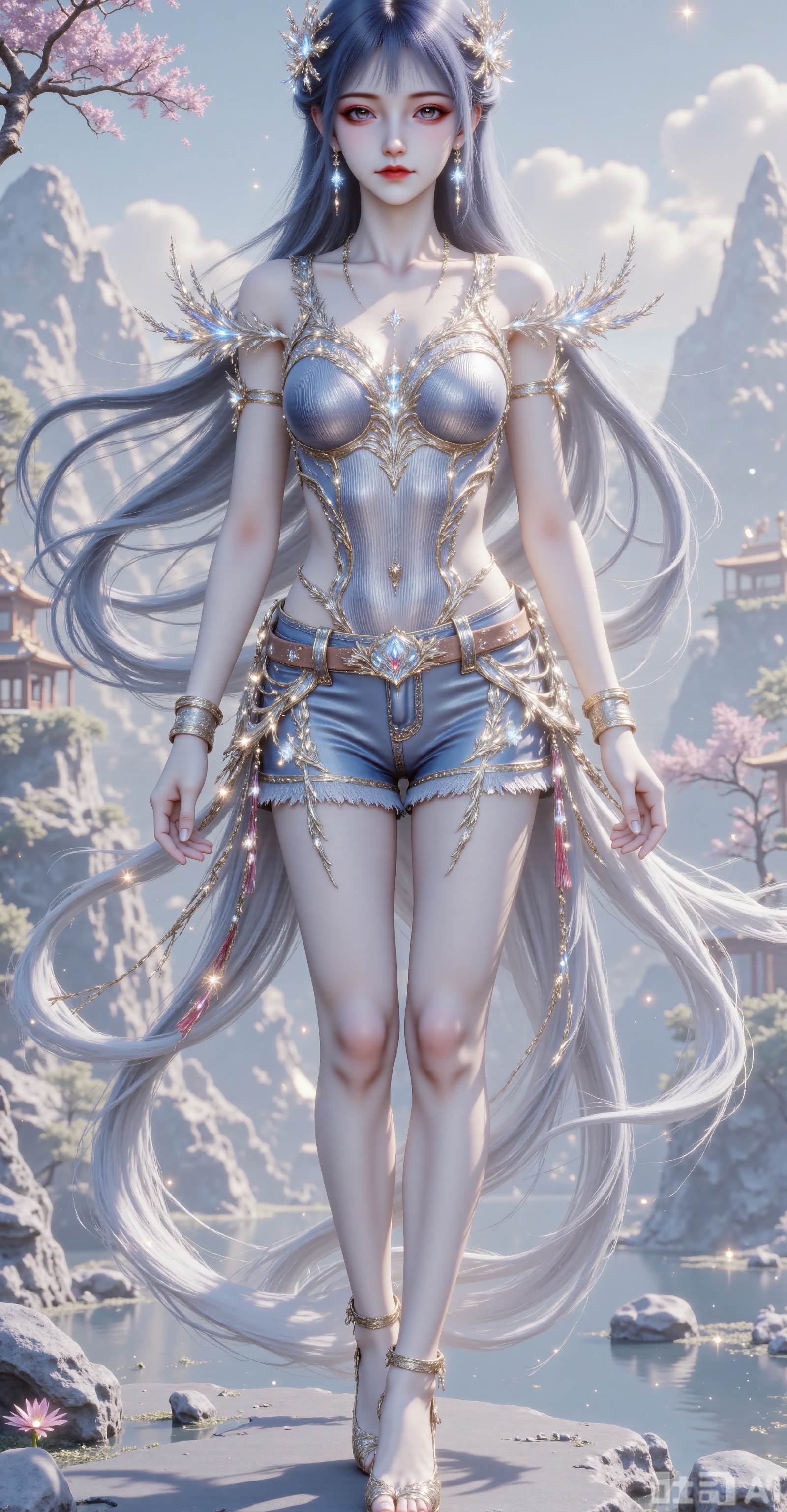 A highly detailed CG image depicts a fair-skinned,  slim figure with long blue hair and wearing an exposed ornate golden d...