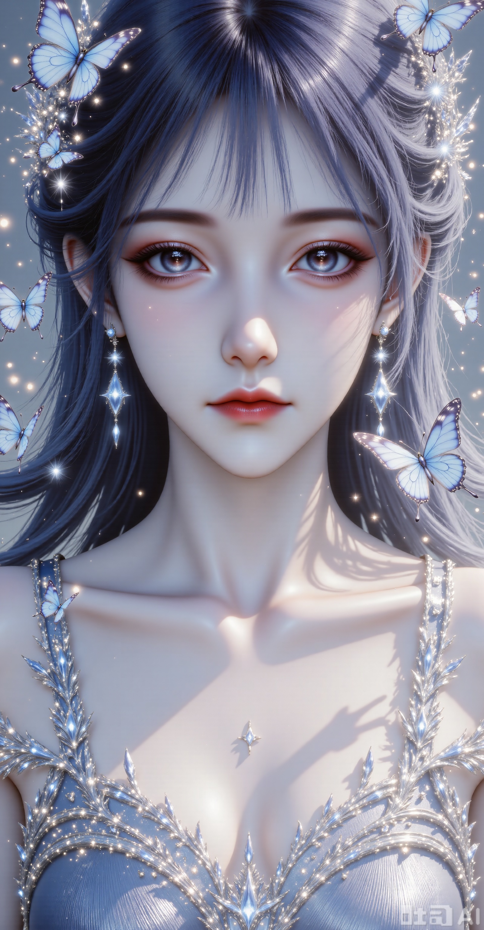 Character: Upper body close-up. Dark blue hair is flowing, delicate skin and delicate makeup. Looking at the camera, long eyelashes, natural pink lips. Special Effects Elements: A large number of blue butterflies surround the characters, some stopping on their cheeks and foreheads, and some flying between their hair. The butterfly's wings are flashing with a dreamy luster, and the exquisite starlight effect creates an extraordinary atmosphere; the expression facing the camera is very calm, with a hint of desire, giving people a feeling of immersed in beautiful fantasy. Front, skirt. Blue hair,