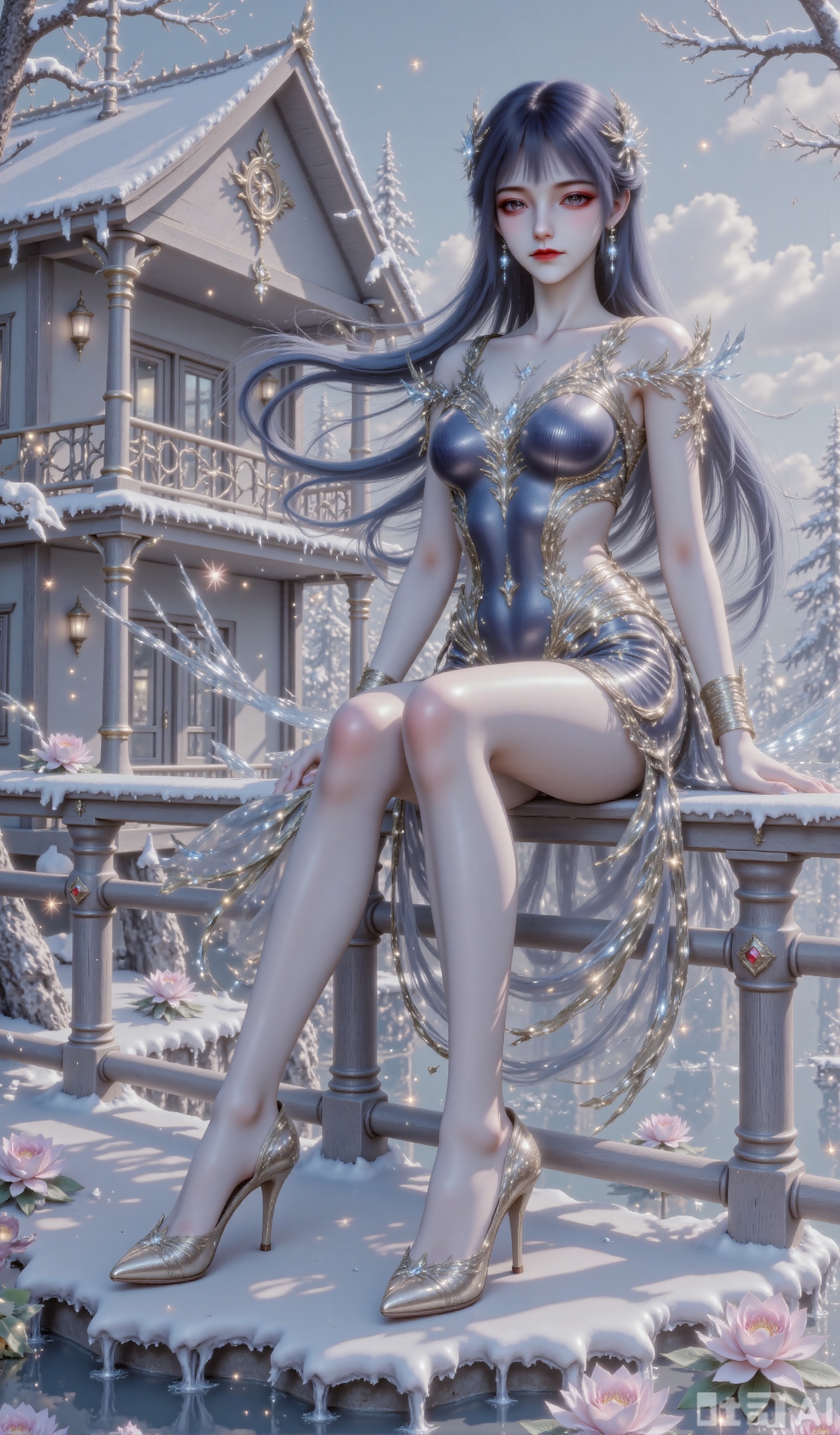 A very detailed CGI image depicts a woman with fair skin and slender figure with long black hair,  wearing an exposed gorg...