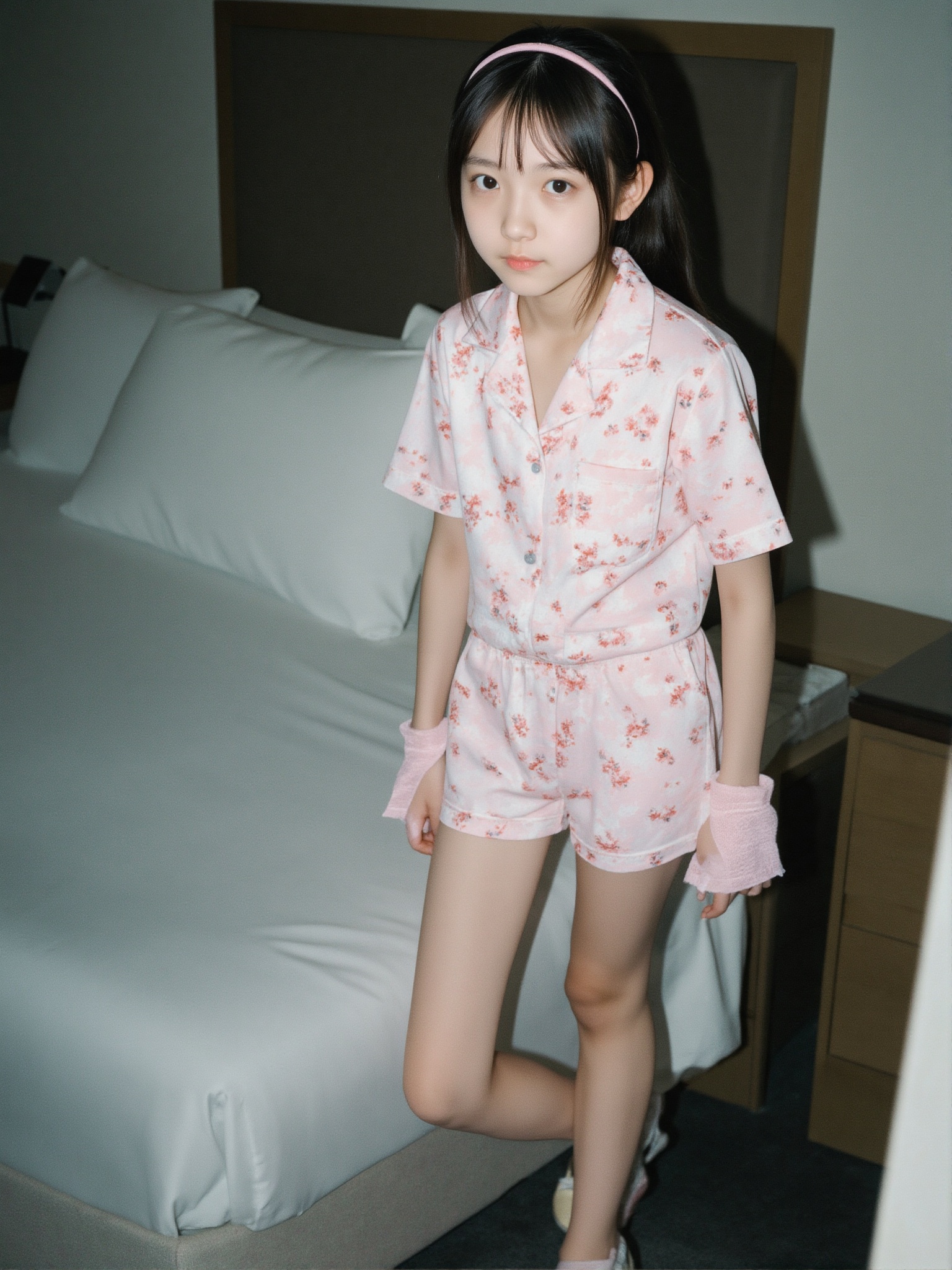 1girl,  A photo of a 14-year-old Chinese girl with a ponytail long hair,  hairband. . The image is shot on 35mm film with...