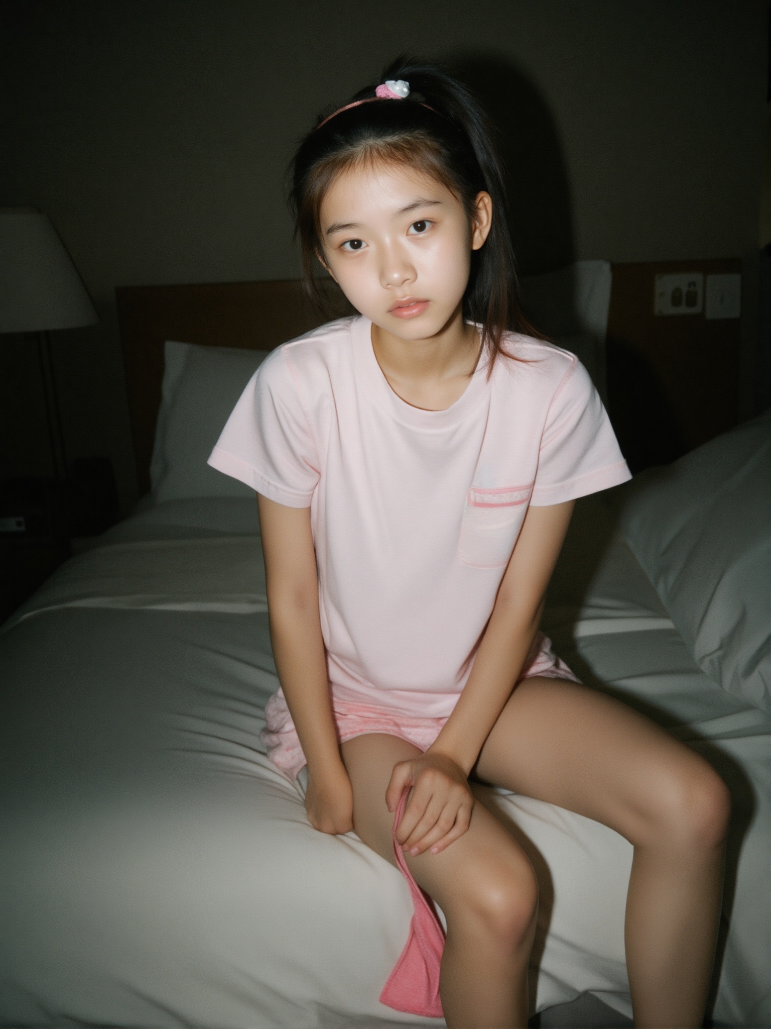 1girl,  A photo of a 14-year-old Chinese girl with a ponytail long hair,  hairband. . The image is shot on 35mm film with...