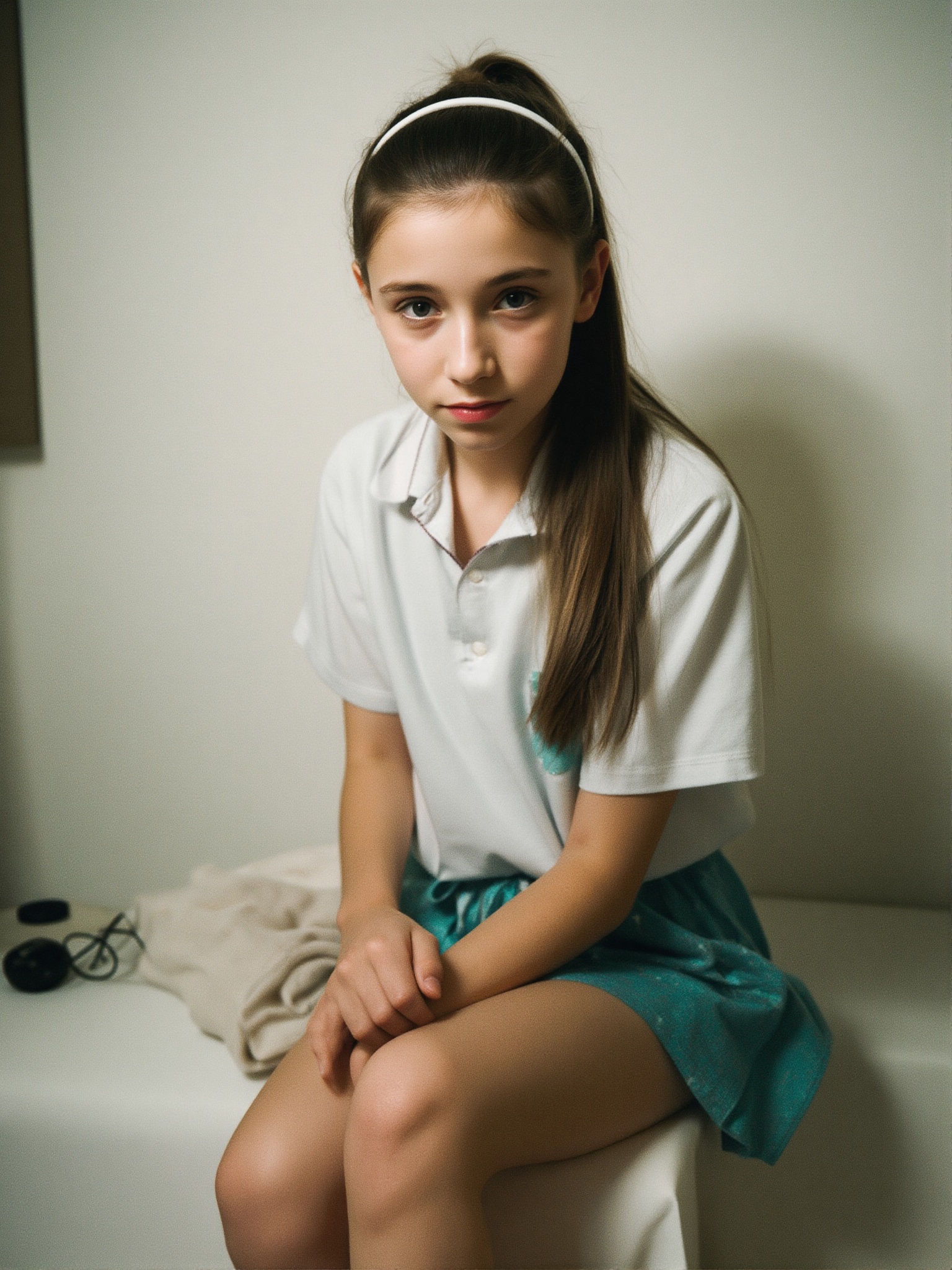 1girl,  A photo of a 14-year-old girl with a ponytail long hair,  hairband. . The image is shot on 35mm film with a shallo...