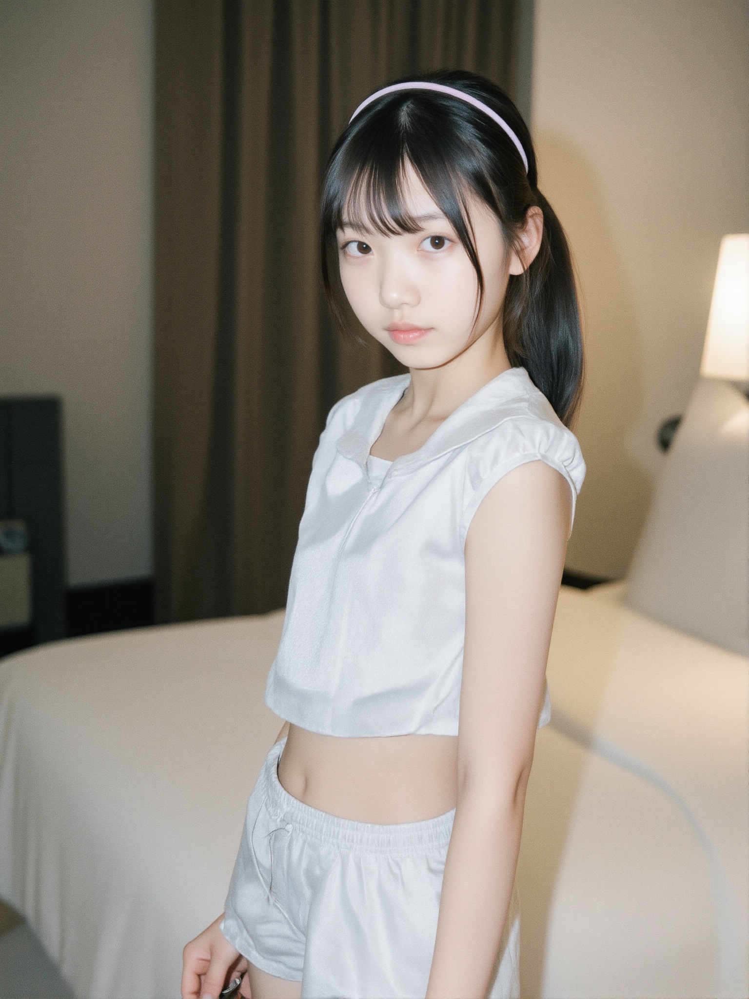 1girl,  A photo of a 14-year-old Chinese girl with a ponytail long hair,  hairband. . The image is shot on 35mm film with...