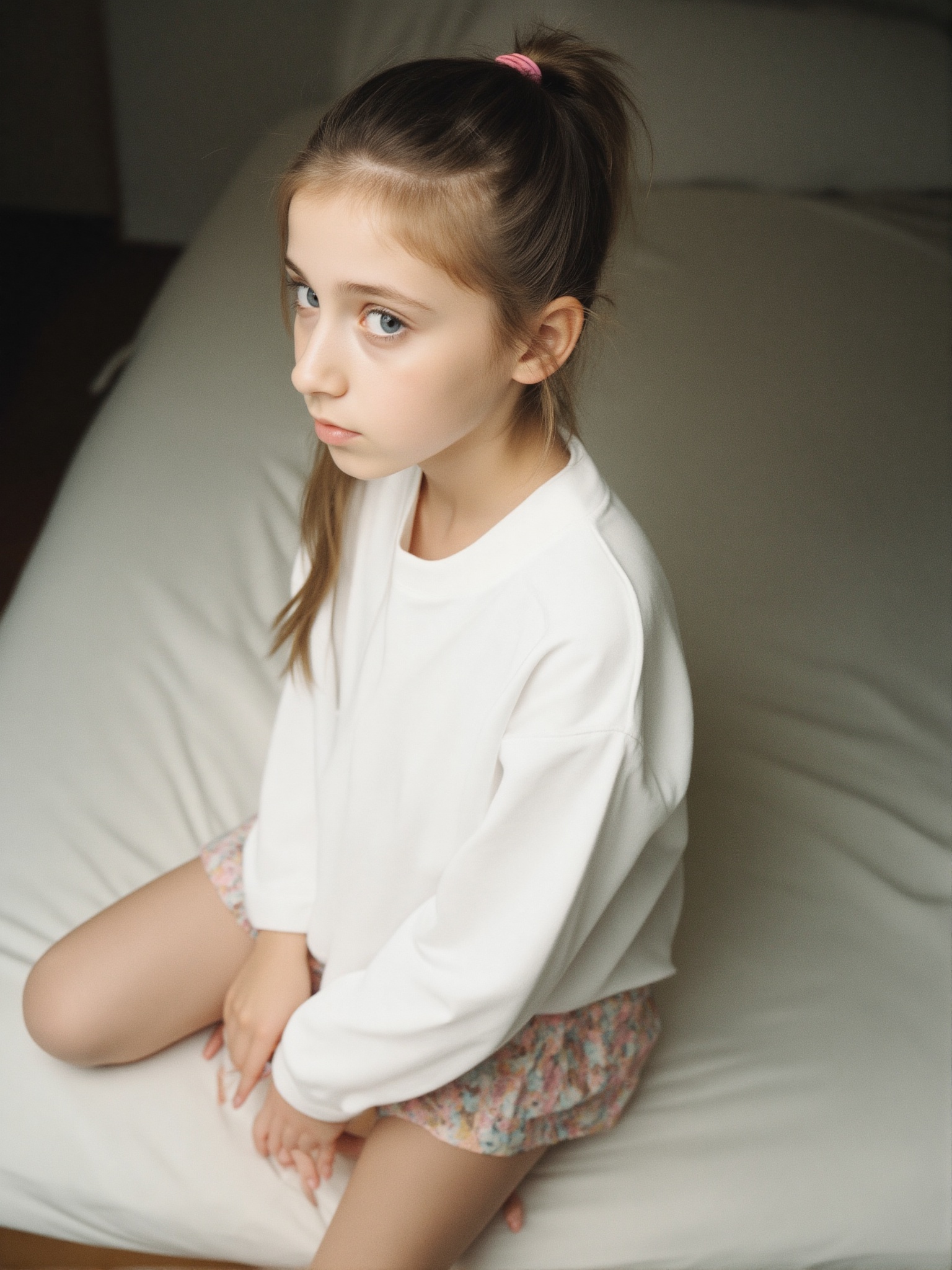 1girl,  A photo of a 14-year-old girl with a ponytail long hair,  hairband. . The image is shot on 35mm film with a shallo...