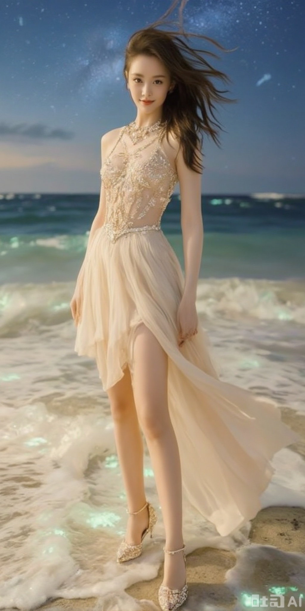 surreal warm cinematic full body shot photography, Kodak Professional Portra 160, 1girl,looking_at_viewer,navel,,exquisite diamond-encrusted high heels, ,kind smile,. ,  super long legs, ,realistic,,pose for picture,Dynamic posture, ,良好解剖结构,真人肌肤纹理, 4K画质,完美身材, A serene woman with windswept hair in a flowing, looking_at_viewer , Short skirt and top, stands on the shore at twilight. Bioluminescent waves lap at her feet, the Milky Way arcing overhead. Painterly surrealism, 8k, glowing water effects, cinematic low-key lighting, highly detailed fabric and hair, ethereal atmosphere.,meinvzi