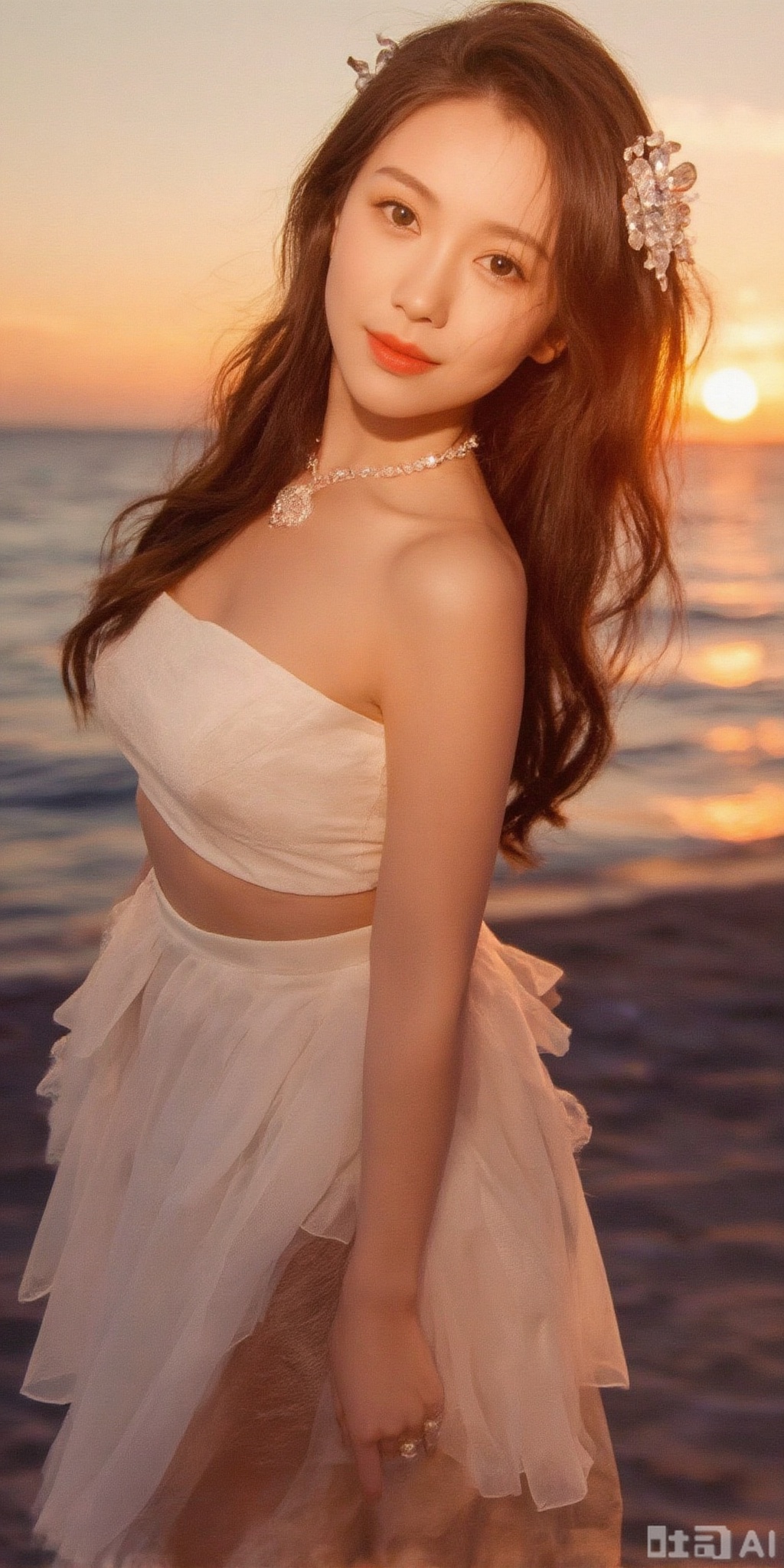 best quality, masterpiece, realistic,cowboy_shot,(Good structure), DSLR Quality,Depth of field,kind smile,looking_at_viewer,Dynamic pose, 1girl, solo, long hair, , looking at viewer, skirt, hair ornament, bare shoulders, jewelry, , earrings, outdoors, midriff, water, necklace, lips, crop top, leaning forward, ocean, white skirt, strapless vest, sunset, sun,meinvzi