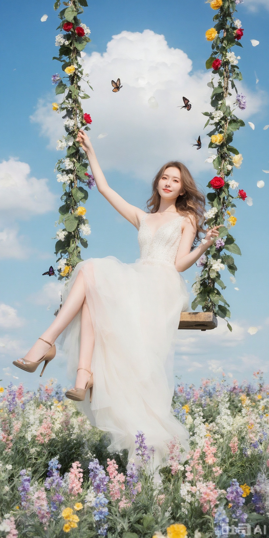 Surreal warm cinematic full body shot photography,Kodak Professional Portra 160,1girl,looking_at_viewer,navel,exquisite diamond-encrusted high heels,kind smile,super long legs,realistic,pose for picture,Dynamic posture, The sky is like a piece of blue crystal that has been washed very clean. The large white cloud floats lazily, with the edges of sunshine golden edges. Occasionally, a breeze blows by, and the shadows of clouds flow slowly among the sea of flowers. The girl sat on the swing, her long hair hanging like a waterfall, her hair ends were naturally curly, and a few strands of hair were blown to her cheeks by the wind, and gently wrapped with the petals hanging on the swing rope. There seems to be fine amethyst hidden between the hair, refracting hazy light in the sun. Occasionally, butterflies stop between the hair, and when their wings flap, they complement the hair. The eyes are clearer than the deepest cornflower, with long eyelashes and trembling gently like butterfly wings. When looking into the distance, the eyes seem to be filled with the blue of the sky and the white of the clouds. She was wearing a long white dress, with the hem of the skirt hanging on the edge of the swing seat, and gently raised as the swing swayed, like a blooming white rose, with a few small petals at the corner of the skirt, which was a gift brought by the wind from the sea of flowers. The rope of the swing is wrapped in dense vines, and the shiny green vines are decorated with colorful flowers - crimson roses, goose yellow foreboding, light pink lily of the valley, light purple forget-me-not, and even a few blue-purple grape hyacinths. The flowers are layered, turning the rope into two blooming ribbons. The vines climbed up the rope, some wrapped around the edge of the seat, and some fell down, just brushing across the girl's skirt. Around her was a sea of flowers that could not be seen at the edge of the boundless flowers, with flowers of various colors crowding together, spreading from under her feet to the horizon, connecting with the blue sky and white clouds. When the swing sways gently, the petals on the vines fall down, some float into the girl's hair, some fall on her skirt, and some fall into the sea of flowers in a spiral, stirring up a slight fragrance. She raised her head slightly, and the sunlight fell on her face through the gaps of the petals. Her skin exuded a delicate luster, forming a very beautiful picture with her hair, eyes, and white skirt, as if an elf walking out of her dream. The whole world was dyed with a halo of fantasy beauty because of her.,
,meinvzi